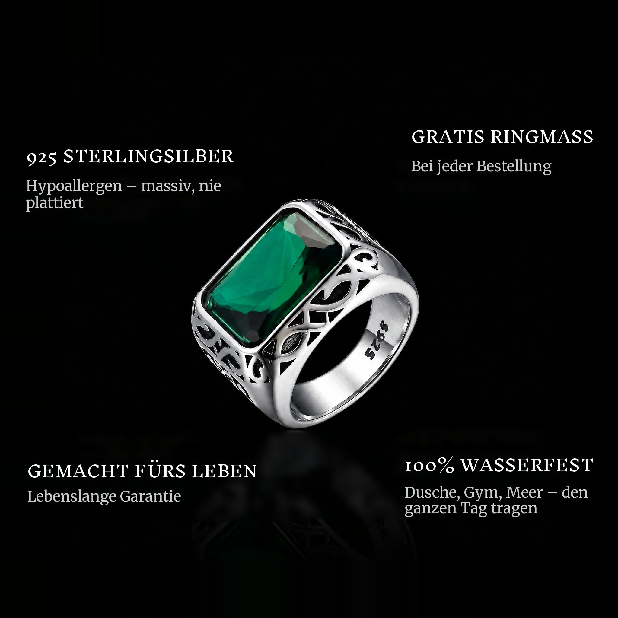 Green Gem ring features: 925 sterling silver, free ring sizer in every order, 100% waterproof, lifetime guarantee