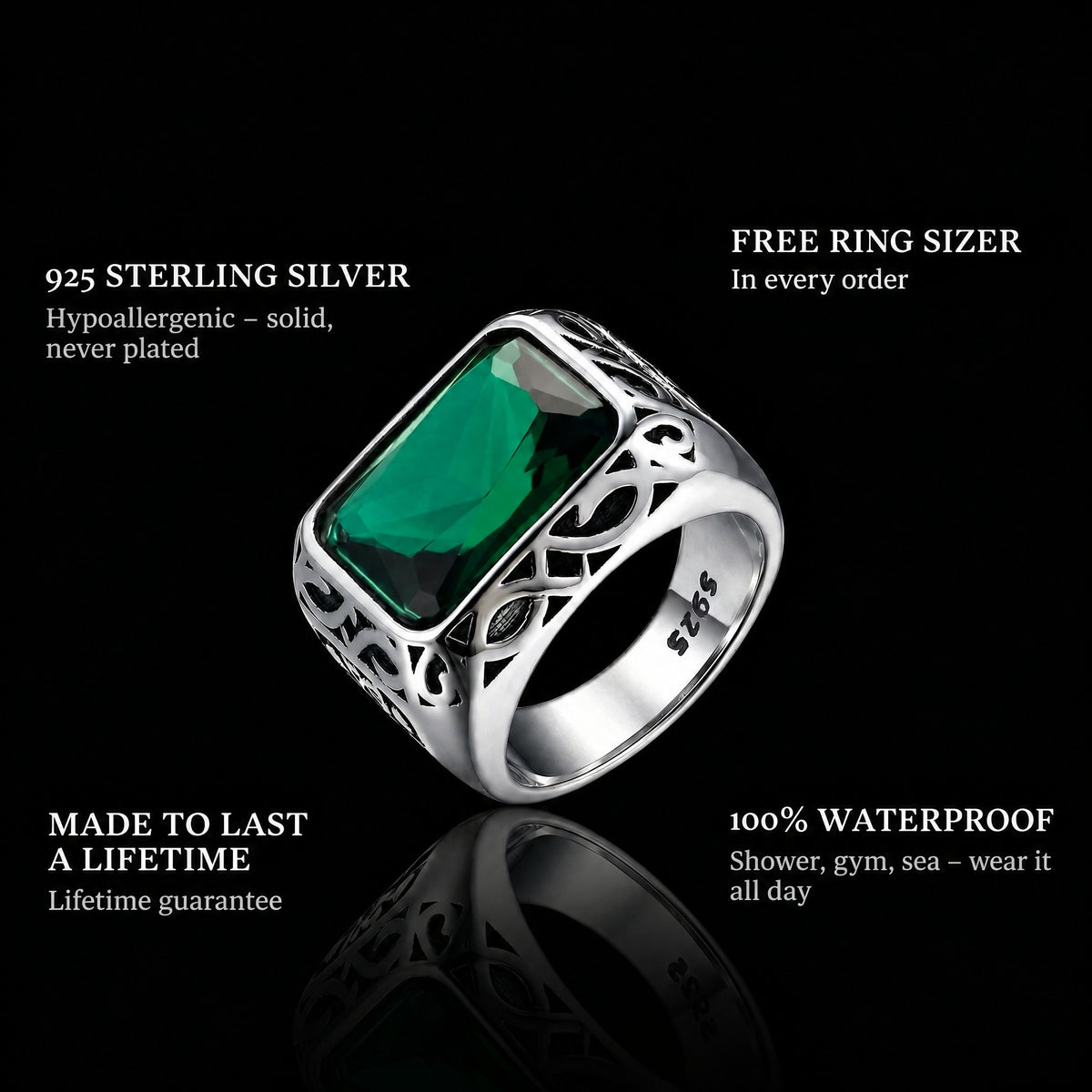 Green Gem ring features: 925 sterling silver, free ring sizer in every order, 100% waterproof, lifetime guarantee