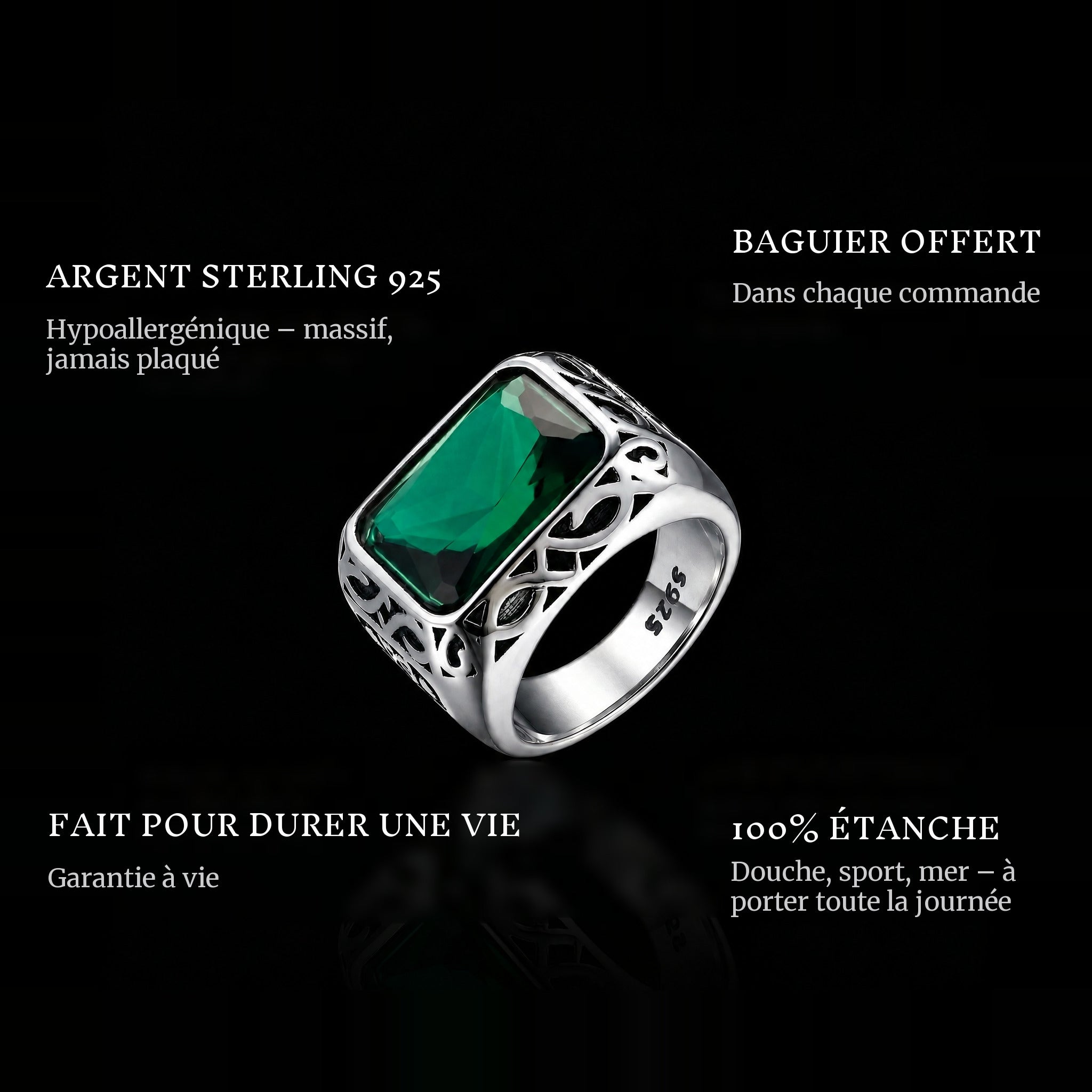 Green Gem ring features: 925 sterling silver, free ring sizer in every order, 100% waterproof, lifetime guarantee