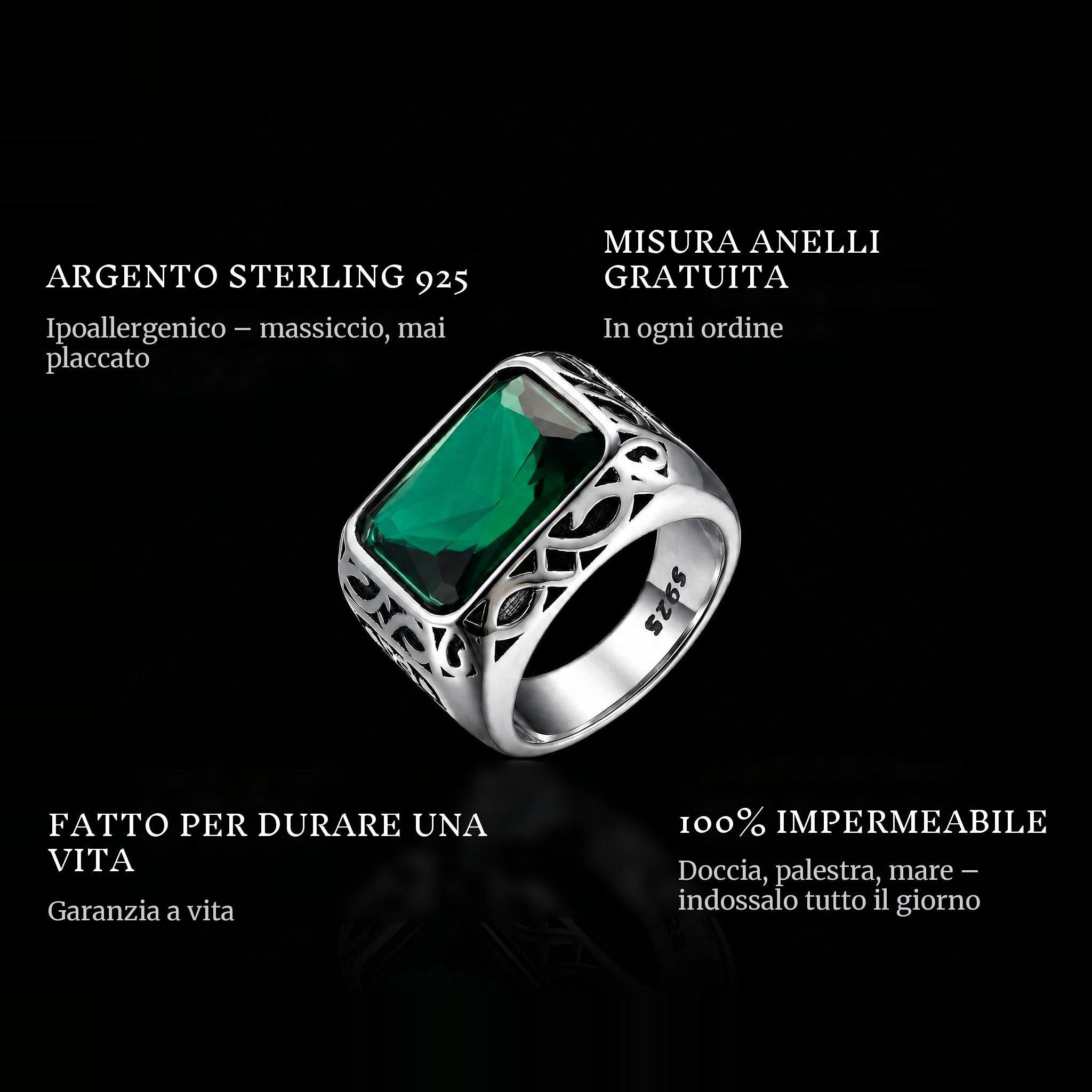 Green Gem ring features: 925 sterling silver, free ring sizer in every order, 100% waterproof, lifetime guarantee
