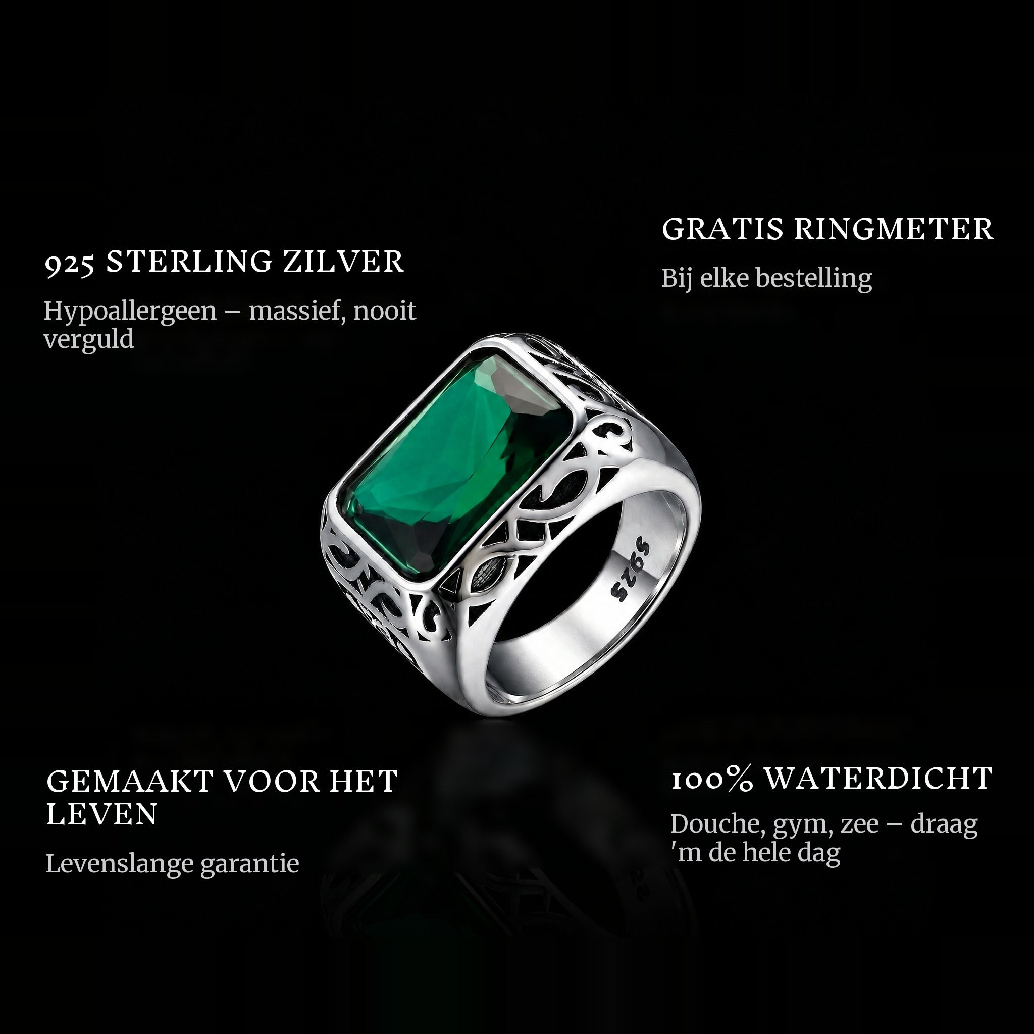 Green Gem ring features: 925 sterling silver, free ring sizer in every order, 100% waterproof, lifetime guarantee