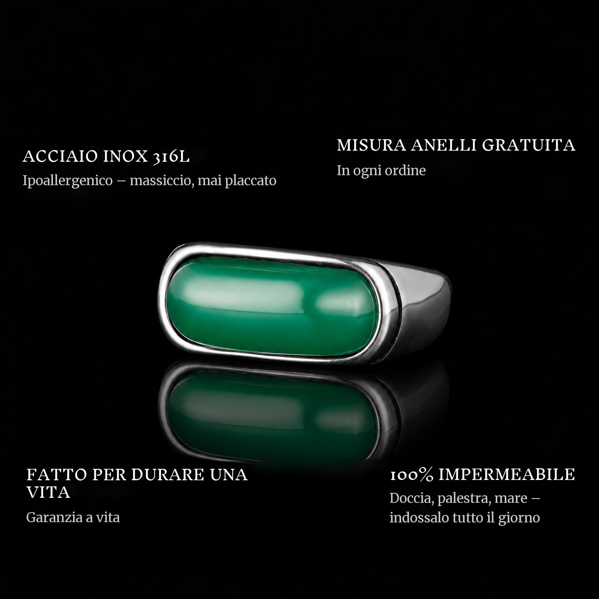 Emerald Sky ring features: 316L stainless steel, free ring sizer in every order, 100% waterproof, lifetime guarantee