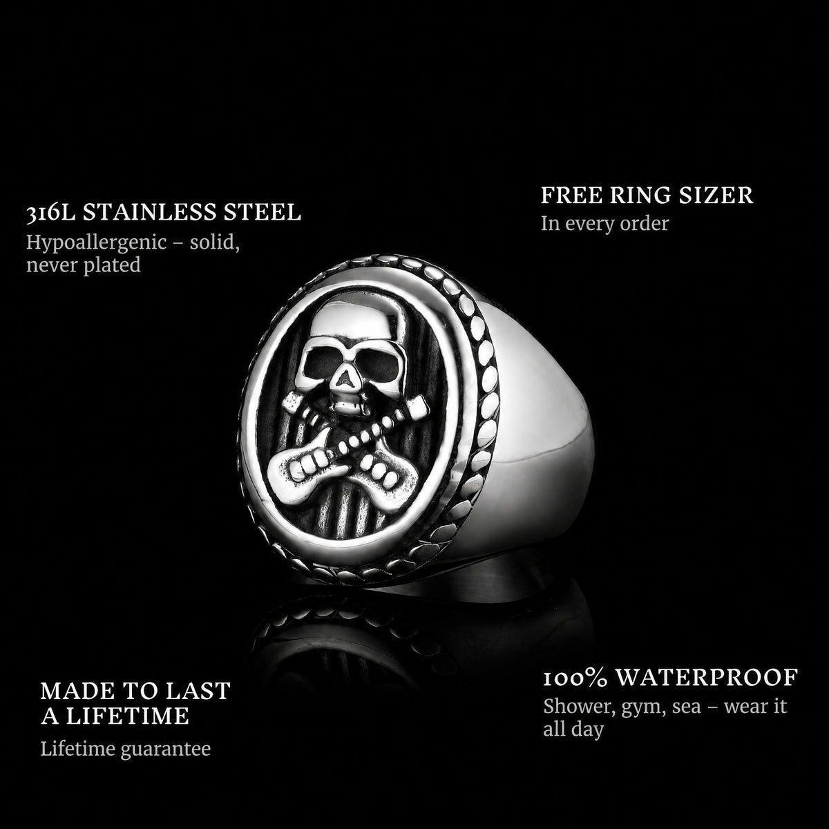 Guitar Legend ring features: 316L stainless steel, free ring sizer in every order, 100% waterproof, lifetime guarantee
