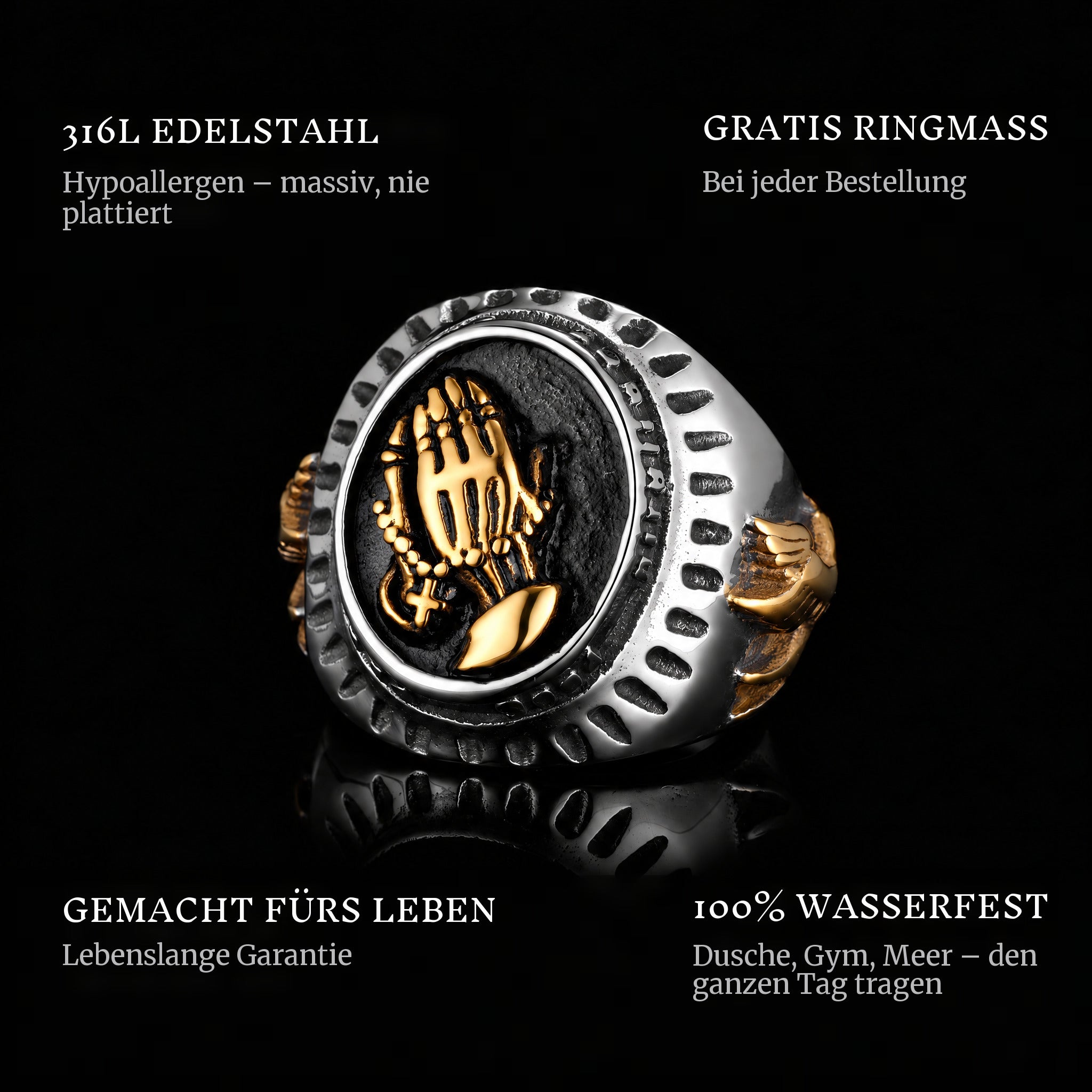 Hail Mary Gold ring features: 316L stainless steel, free ring sizer in every order, 100% waterproof, lifetime guarantee