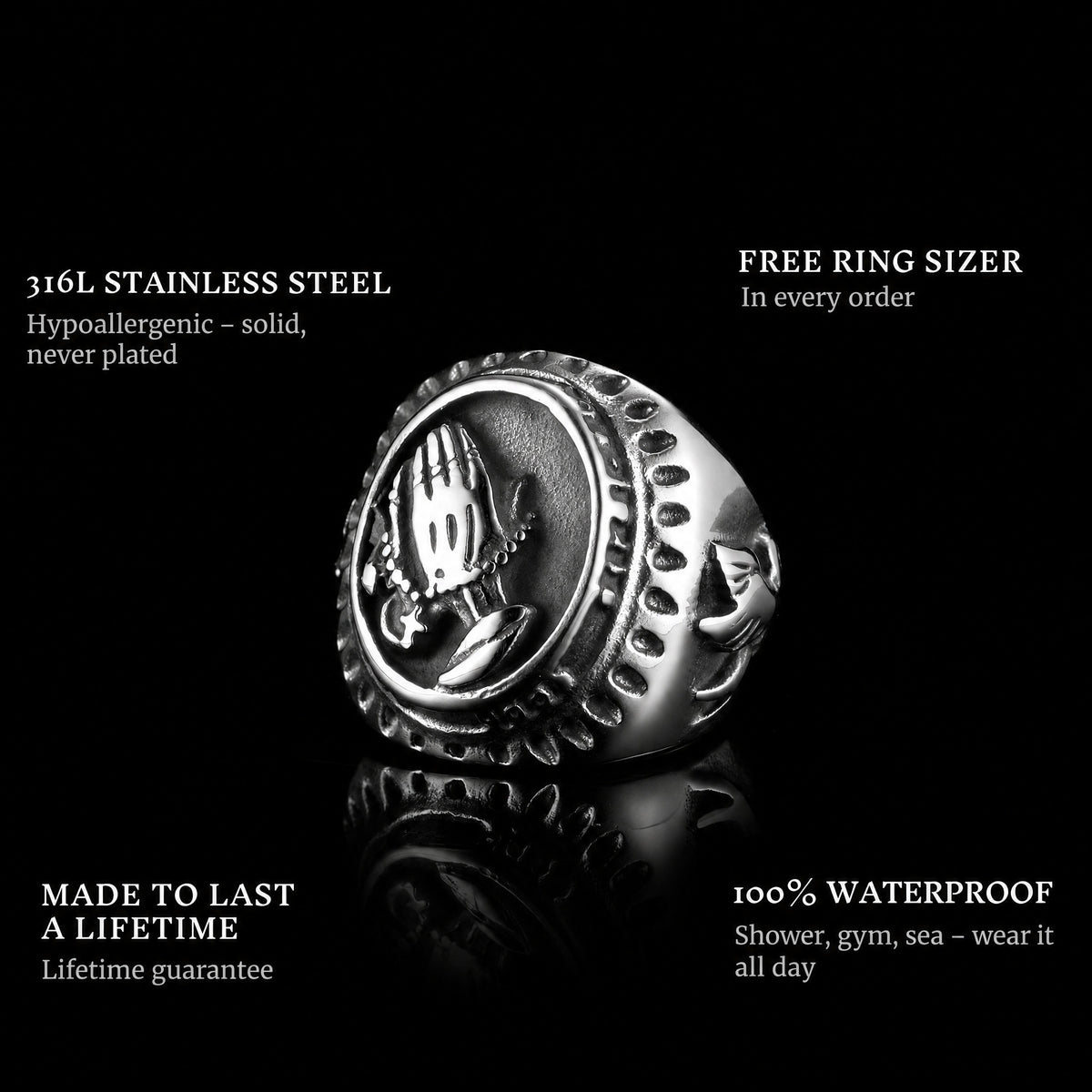 Hail Mary ring features: 316L stainless steel, free ring sizer in every order, 100% waterproof, lifetime guarantee