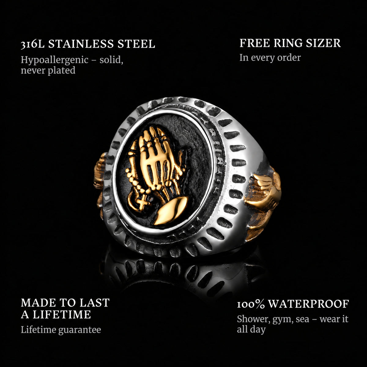 Hail Mary Gold ring features: 316L stainless steel, free ring sizer in every order, 100% waterproof, lifetime guarantee