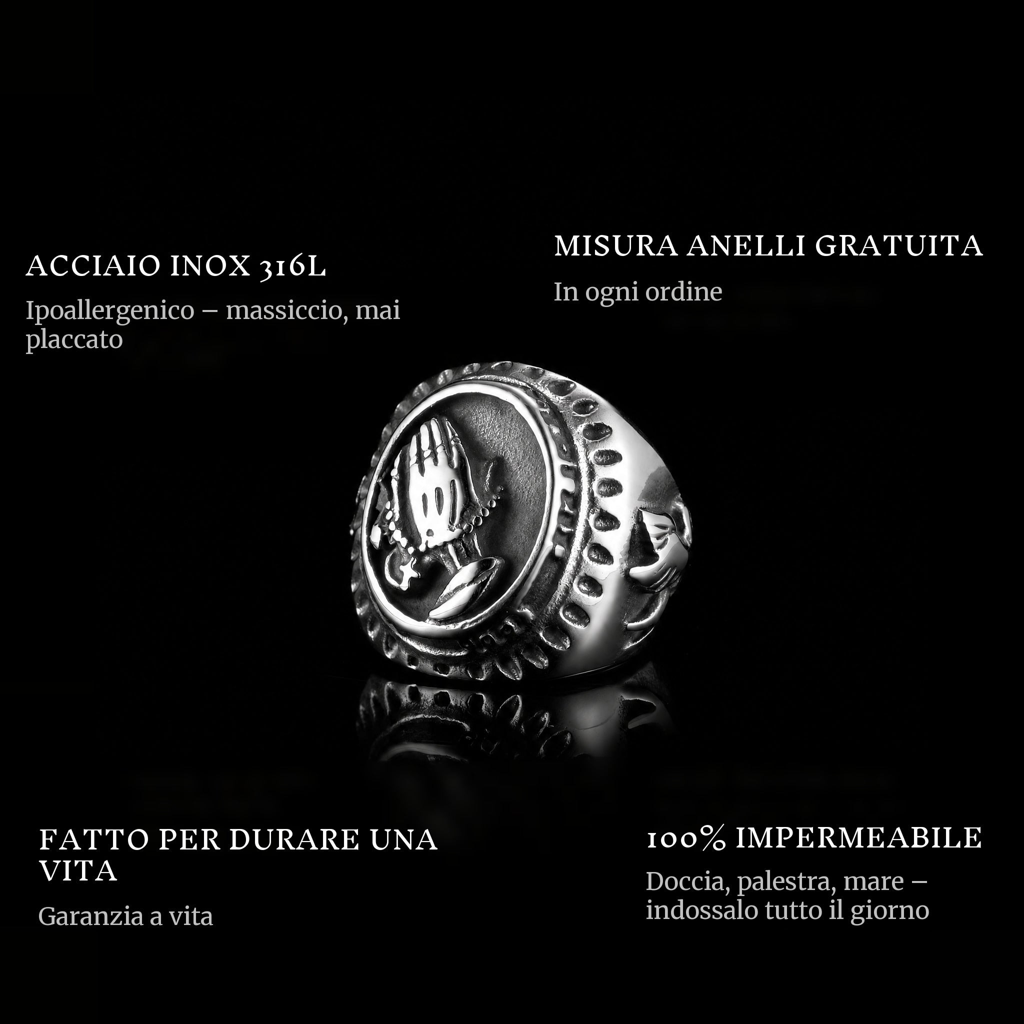 Hail Mary ring features: 316L stainless steel, free ring sizer in every order, 100% waterproof, lifetime guarantee