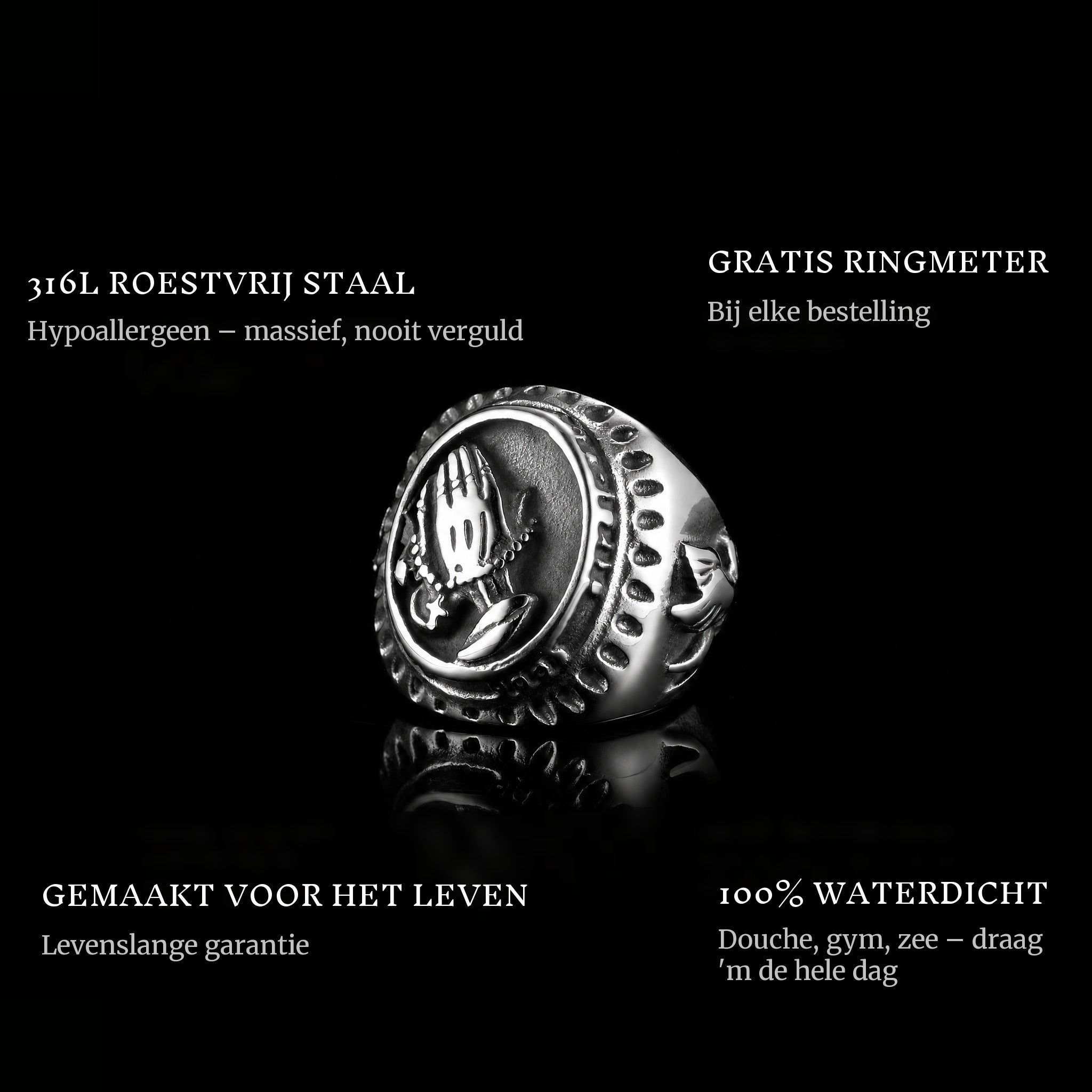 Hail Mary ring features: 316L stainless steel, free ring sizer in every order, 100% waterproof, lifetime guarantee