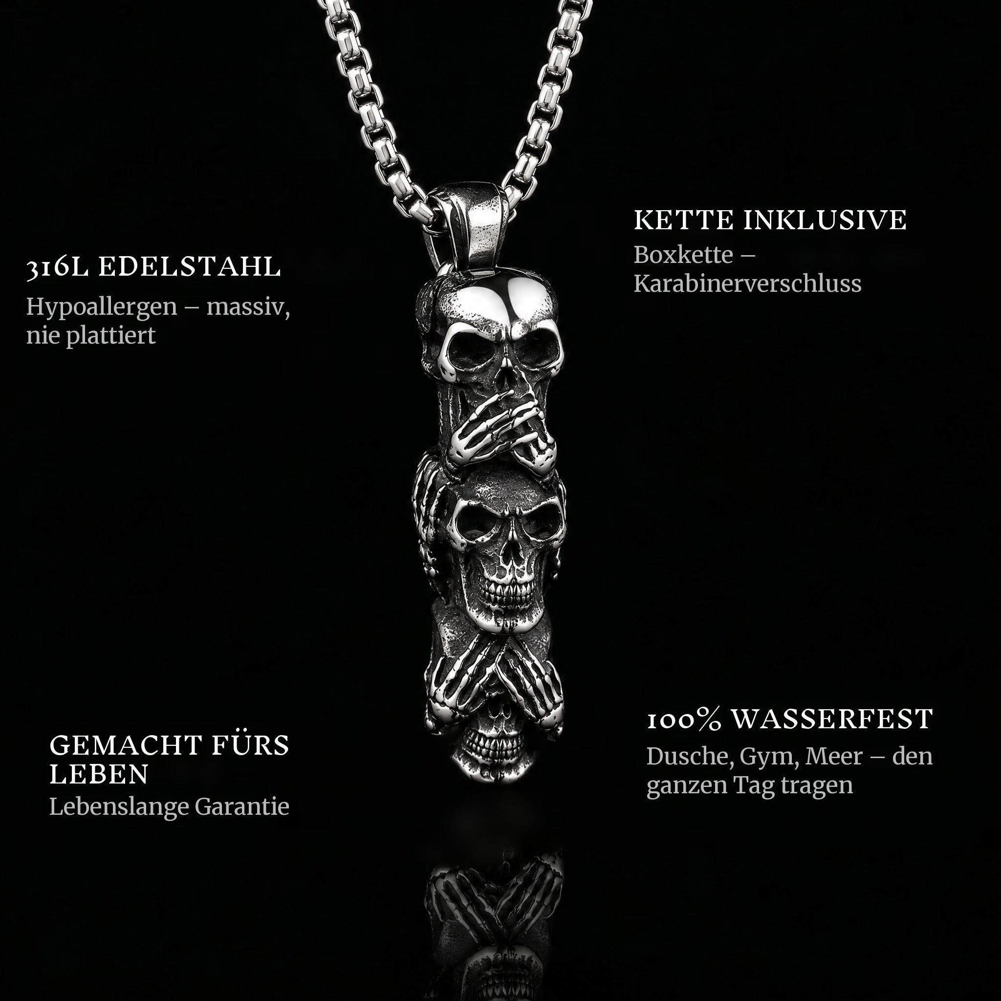 Hear See Speak pendant features: 316L stainless steel, chain included, 100% waterproof, lifetime guarantee