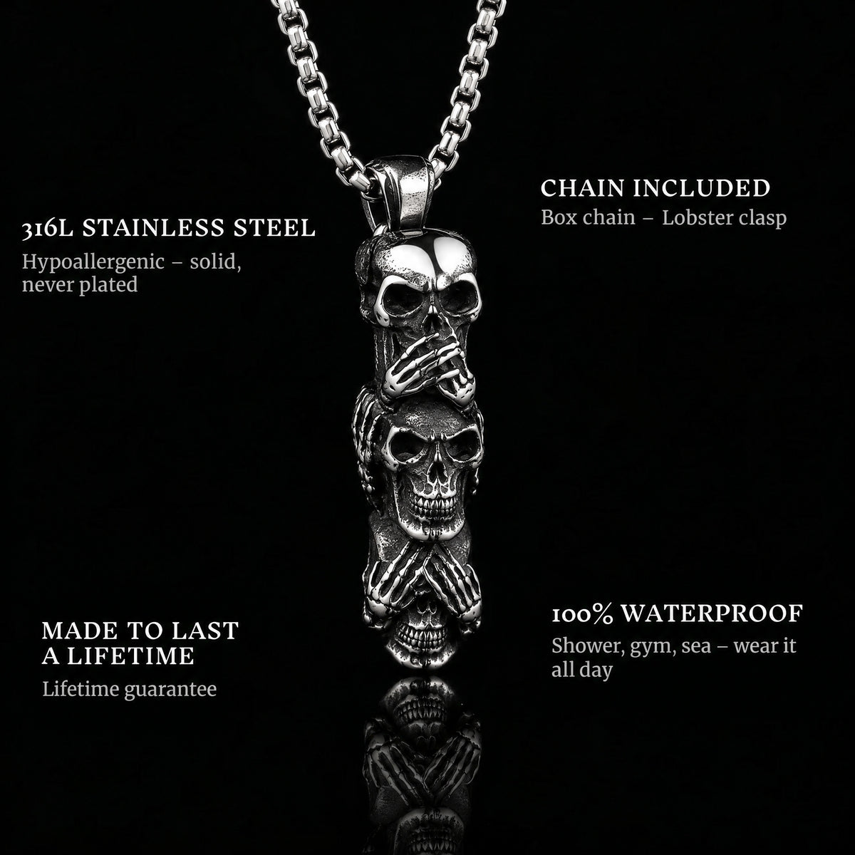 Hear See Speak pendant features: 316L stainless steel, chain included, 100% waterproof, lifetime guarantee