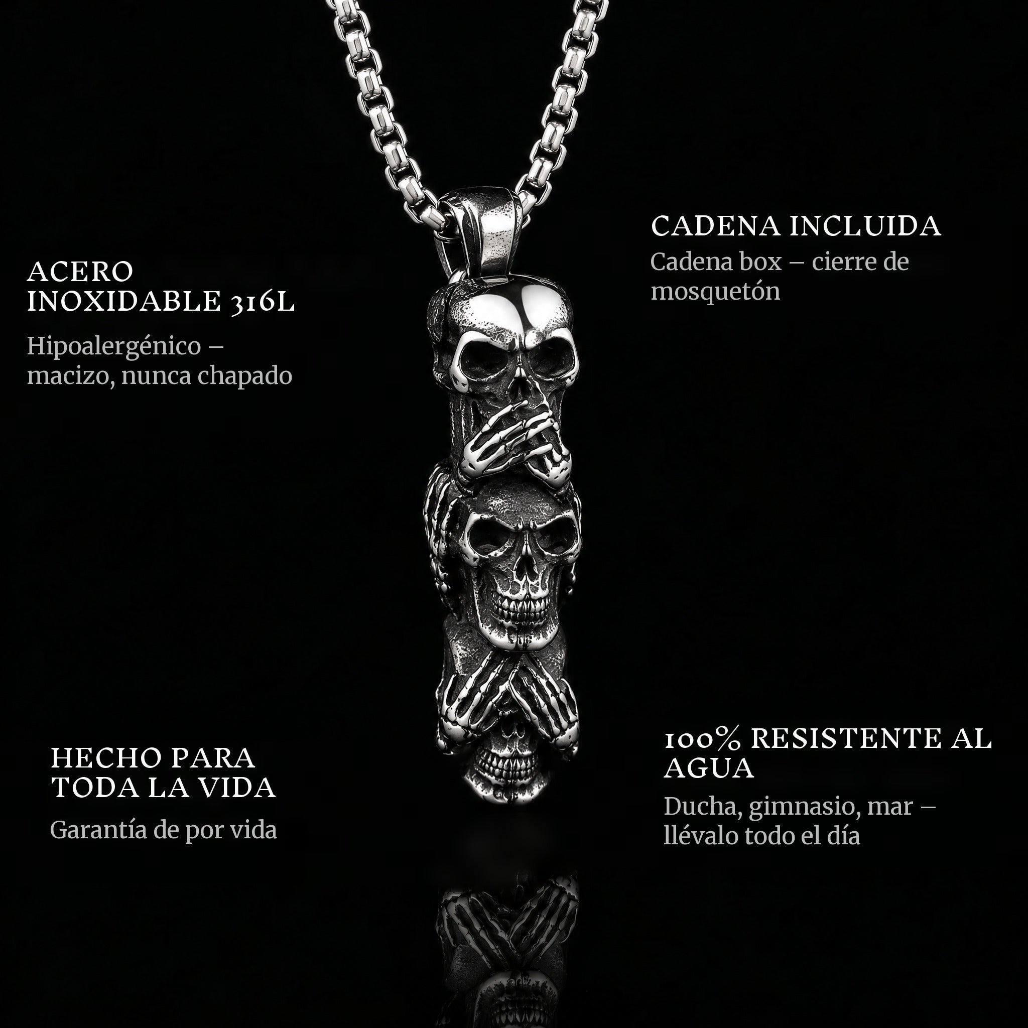 Hear See Speak pendant features: 316L stainless steel, chain included, 100% waterproof, lifetime guarantee