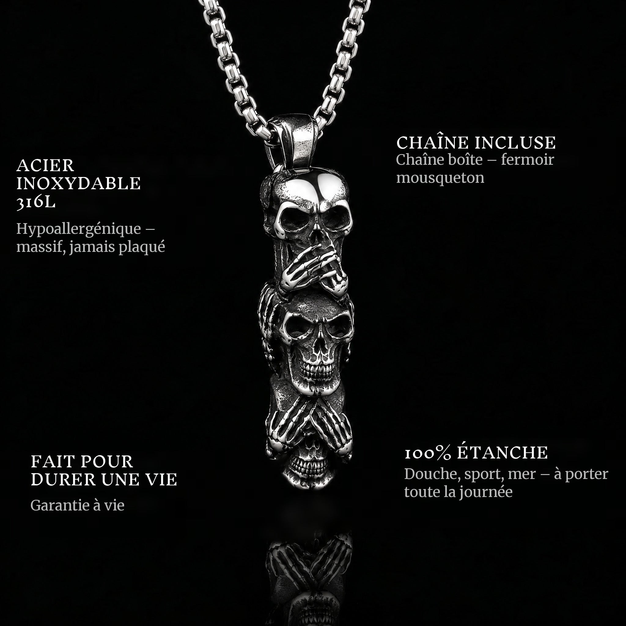 Hear See Speak pendant features: 316L stainless steel, chain included, 100% waterproof, lifetime guarantee