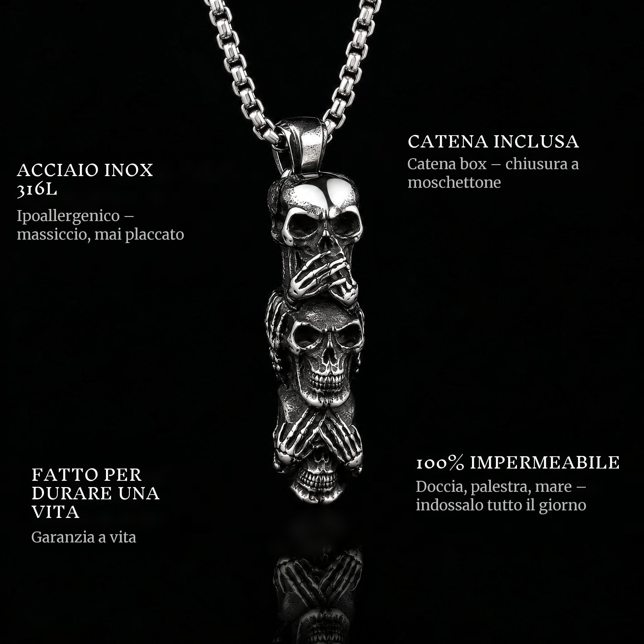 Hear See Speak pendant features: 316L stainless steel, chain included, 100% waterproof, lifetime guarantee