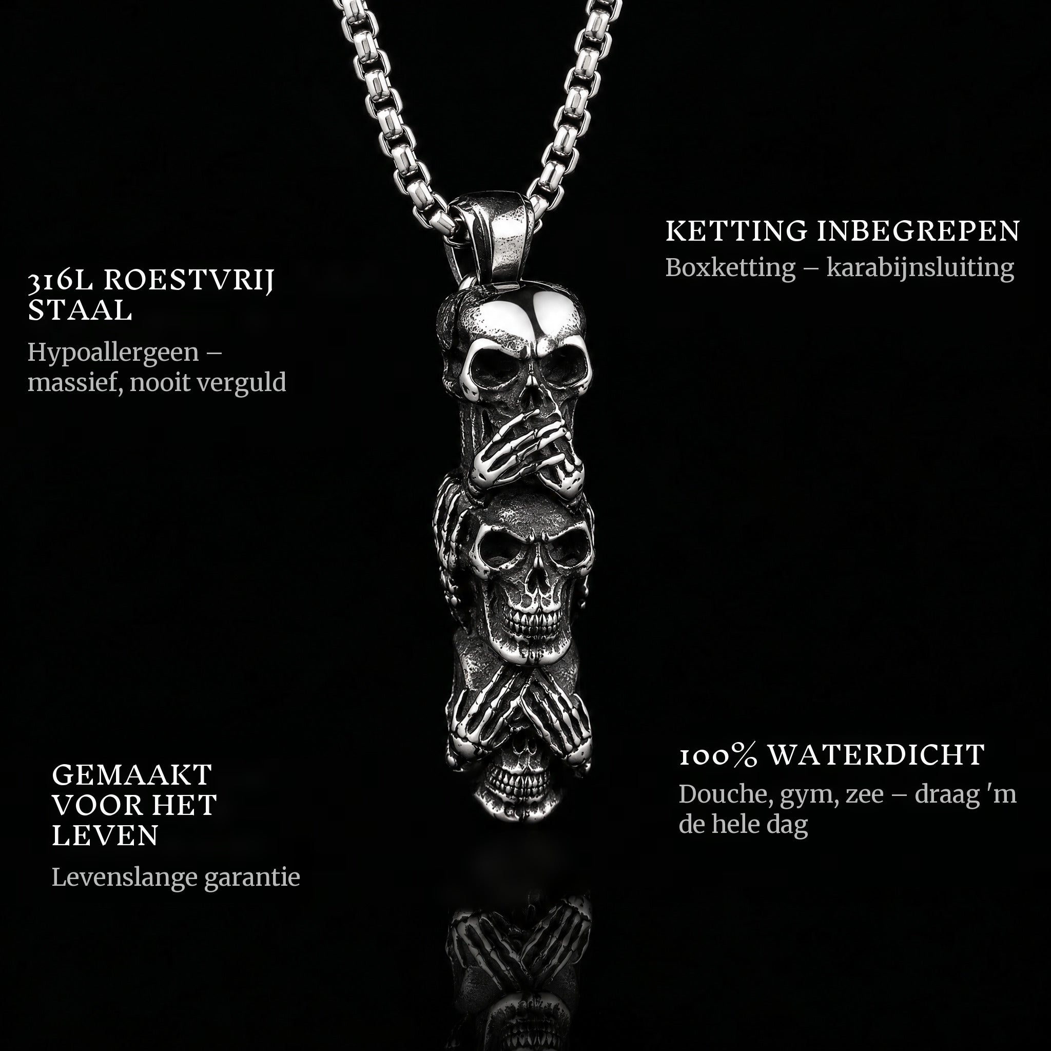 Hear See Speak pendant features: 316L stainless steel, chain included, 100% waterproof, lifetime guarantee