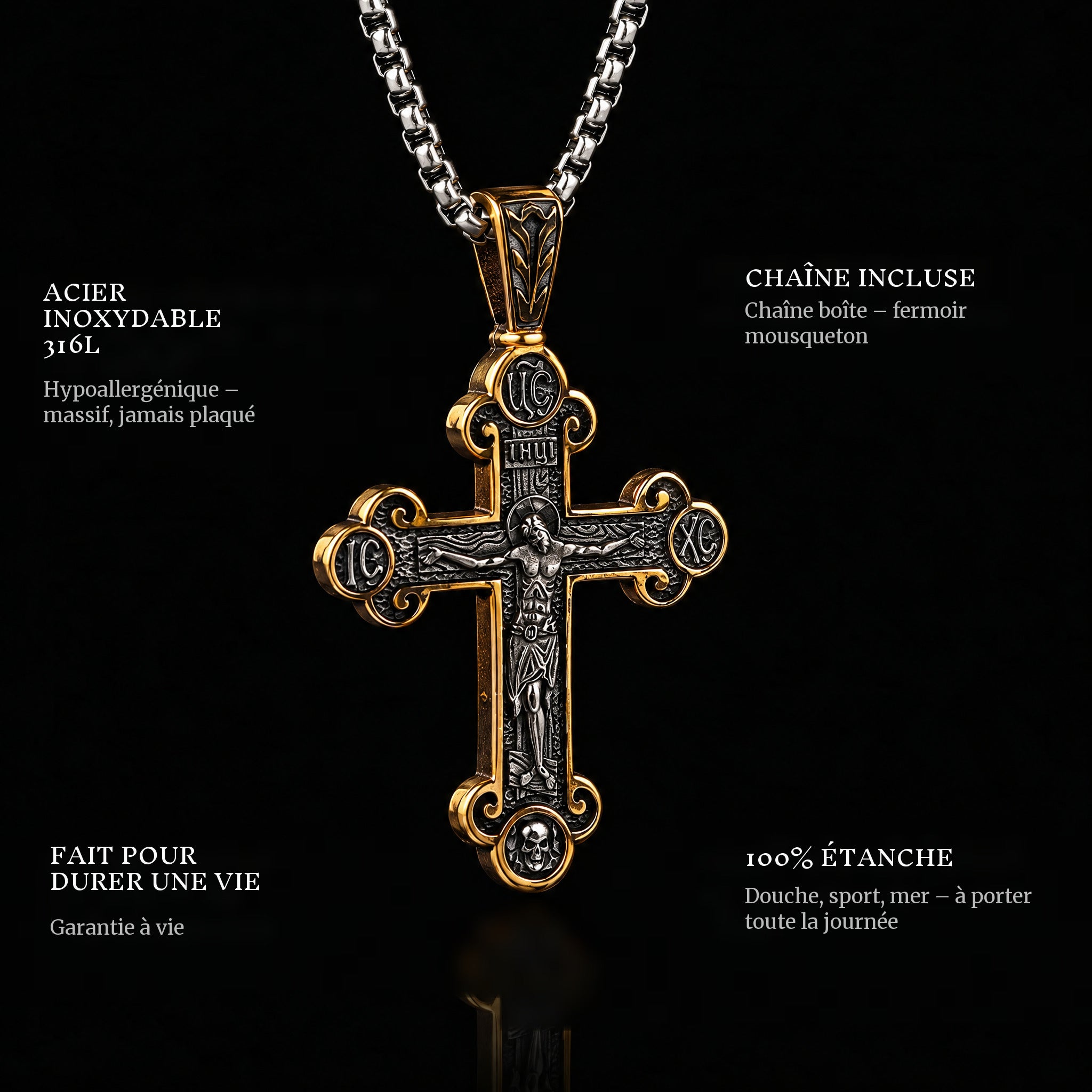 Holy Cross Gold pendant features: 316L stainless steel, chain included, 100% waterproof, lifetime guarantee