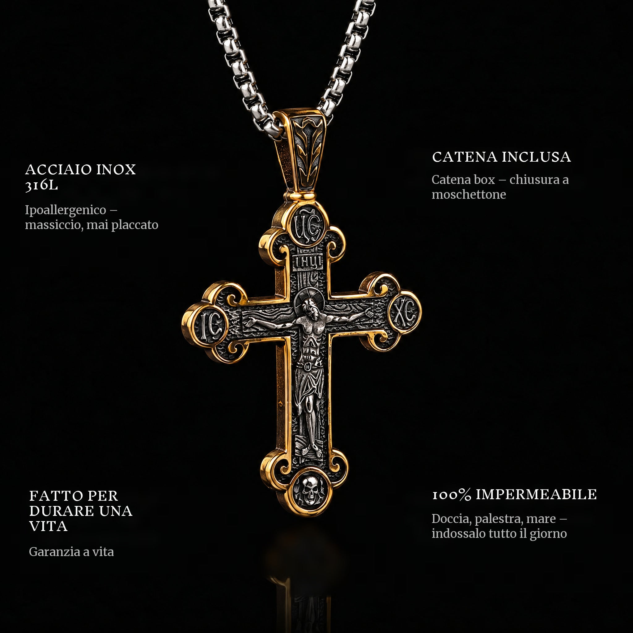 Holy Cross Gold pendant features: 316L stainless steel, chain included, 100% waterproof, lifetime guarantee