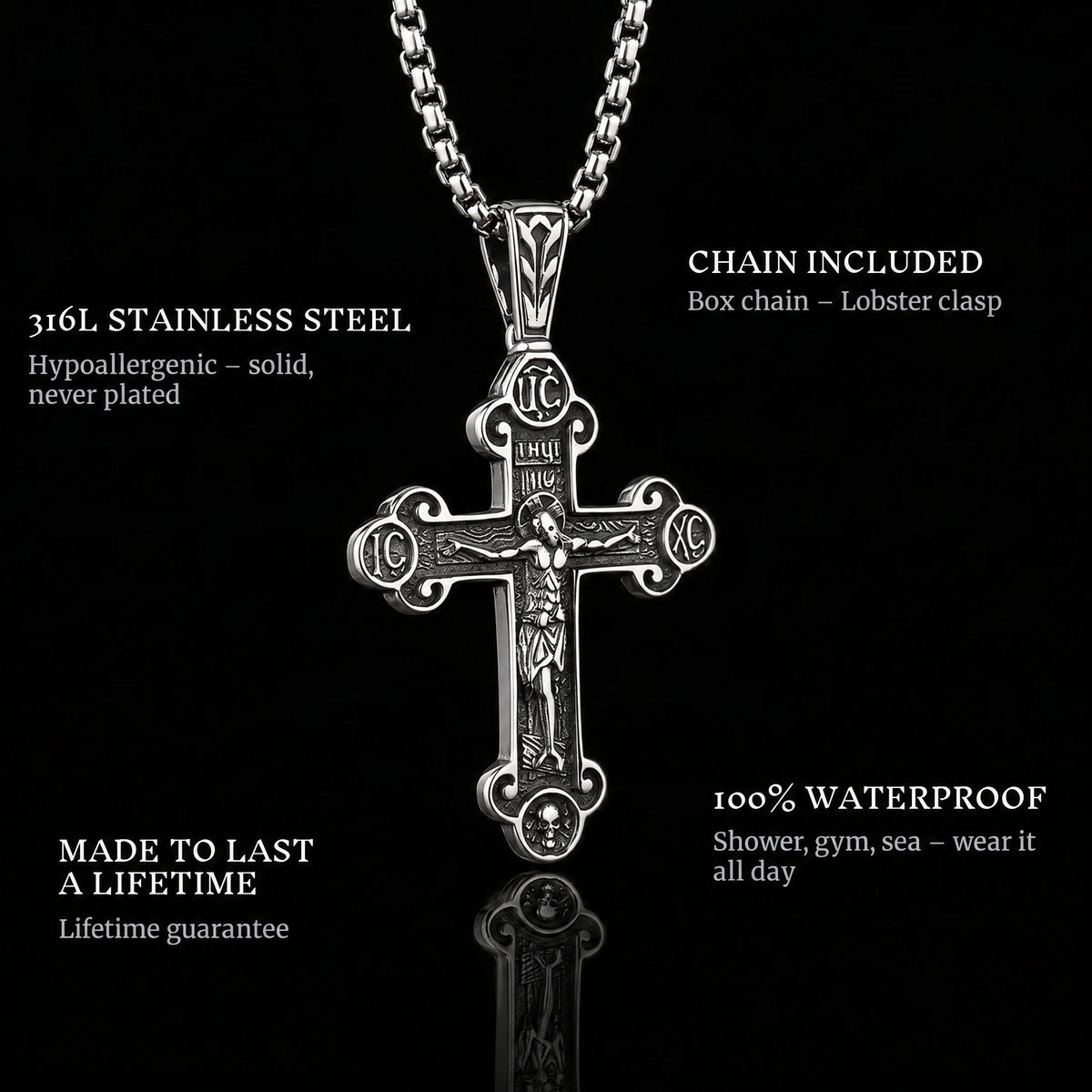 Holy Cross pendant features: 316L stainless steel, chain included, 100% waterproof, lifetime guarantee