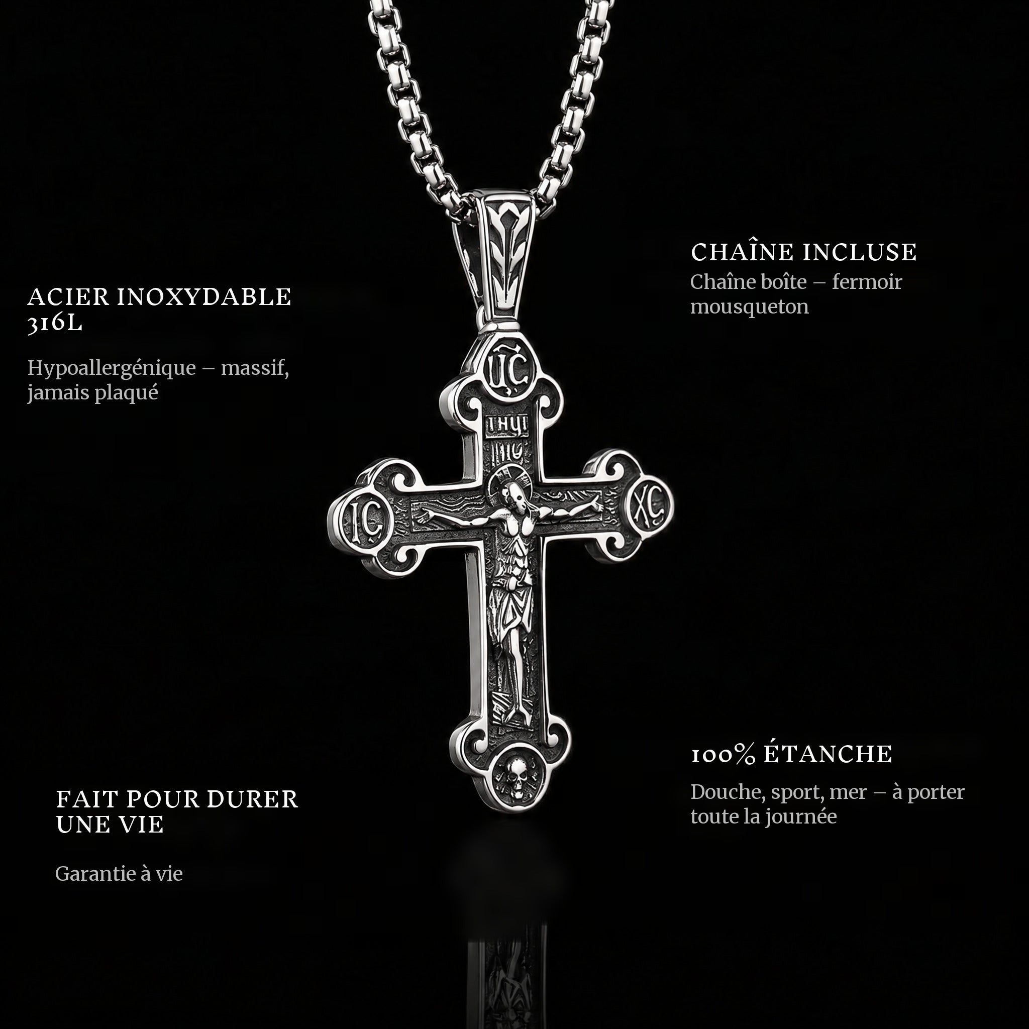 Holy Cross pendant features: 316L stainless steel, chain included, 100% waterproof, lifetime guarantee