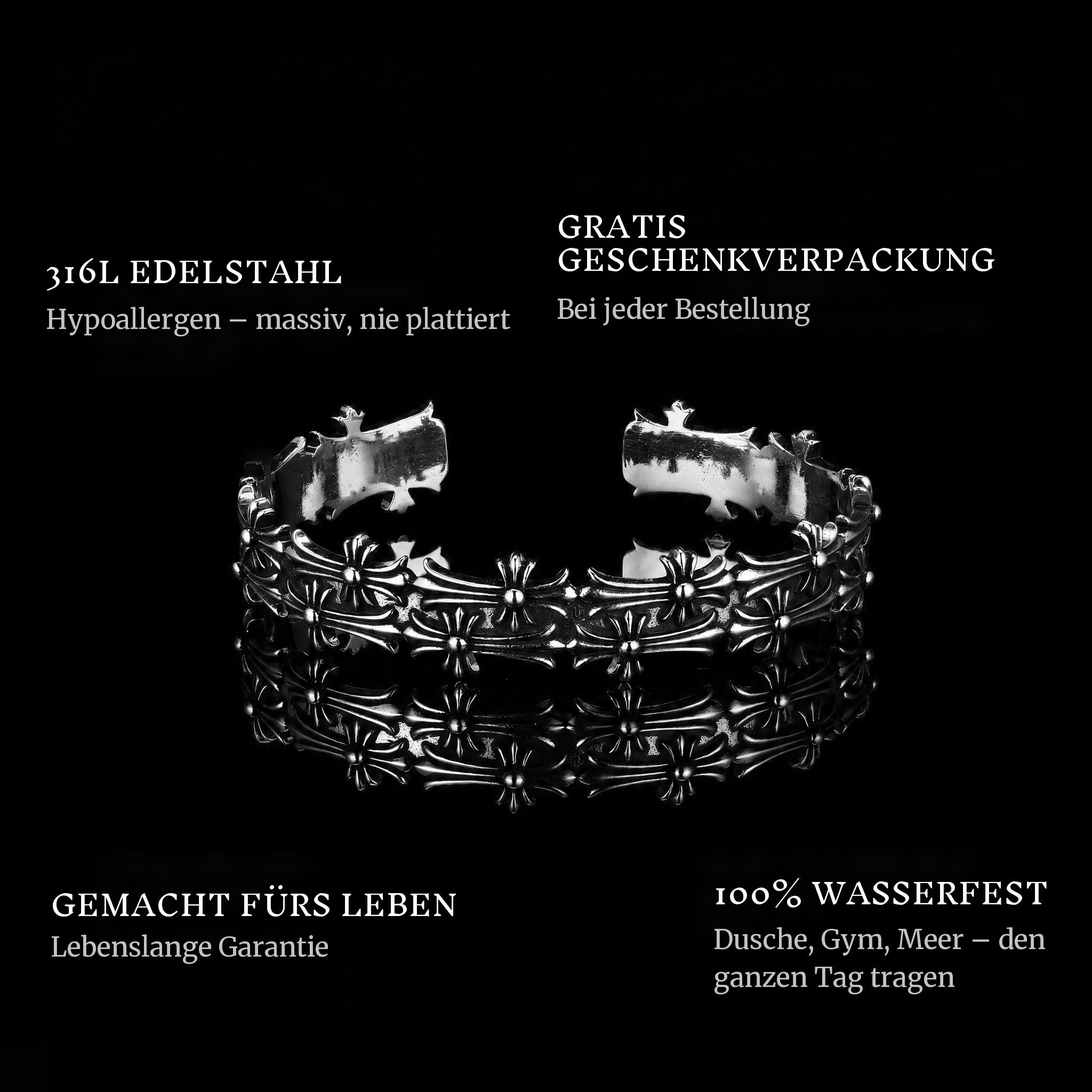 Holy Steel features: 316L stainless steel, free gift packaging, 100% waterproof, lifetime guarantee