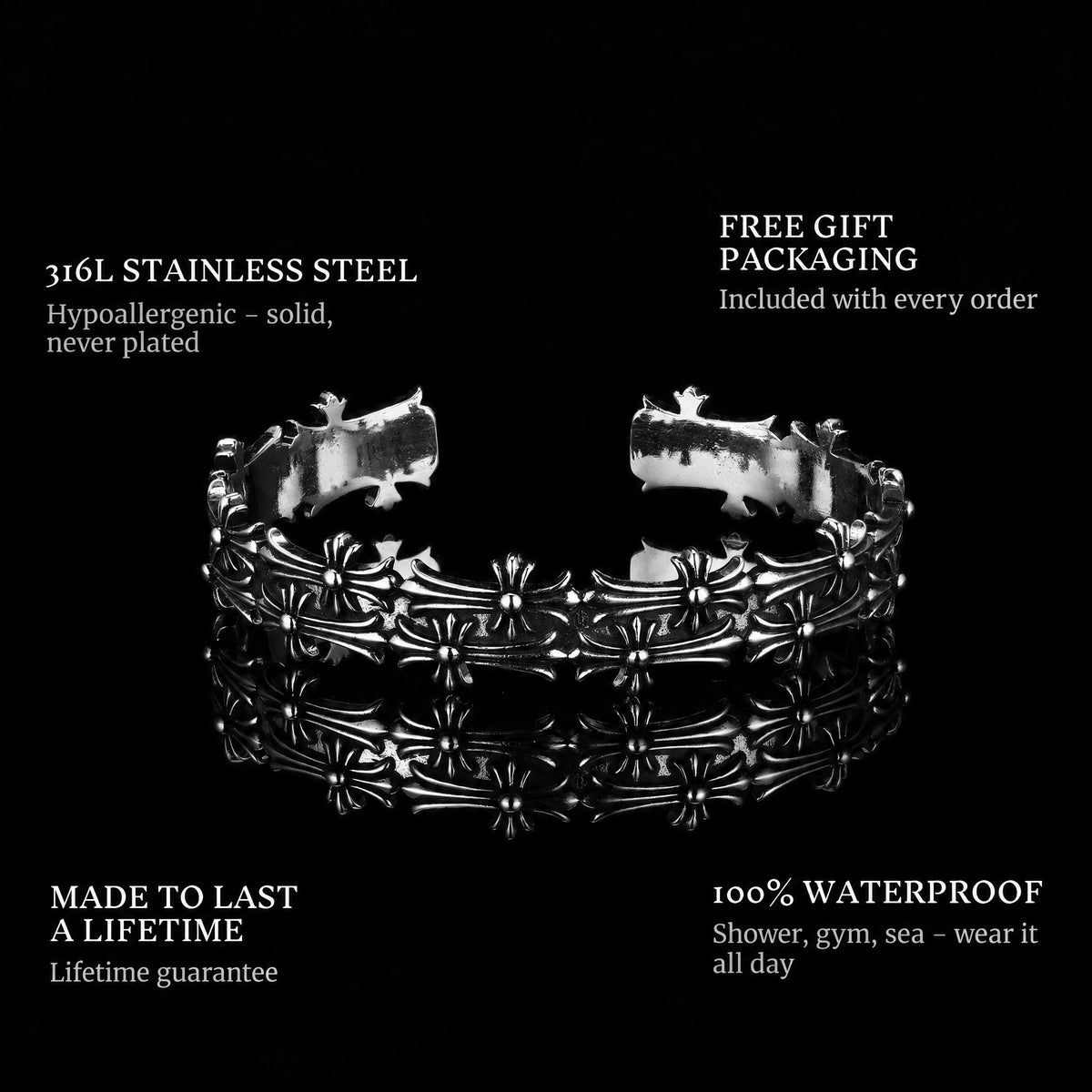 Holy Steel features: 316L stainless steel, free gift packaging, 100% waterproof, lifetime guarantee