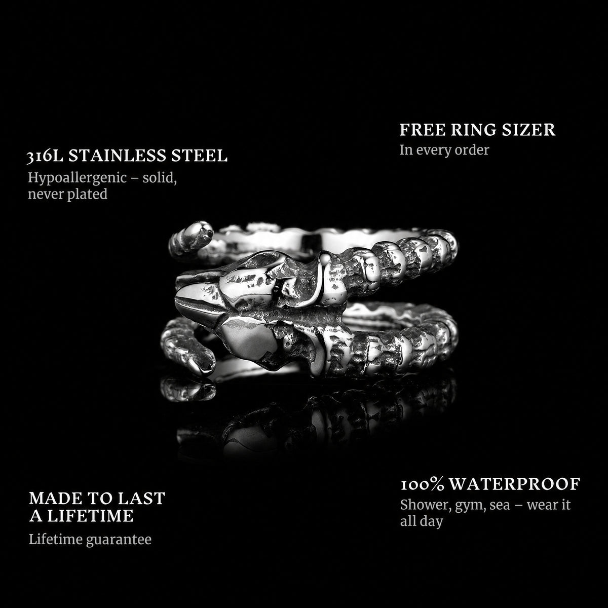 Horned ring features: 316L stainless steel, free ring sizer in every order, 100% waterproof, lifetime guarantee