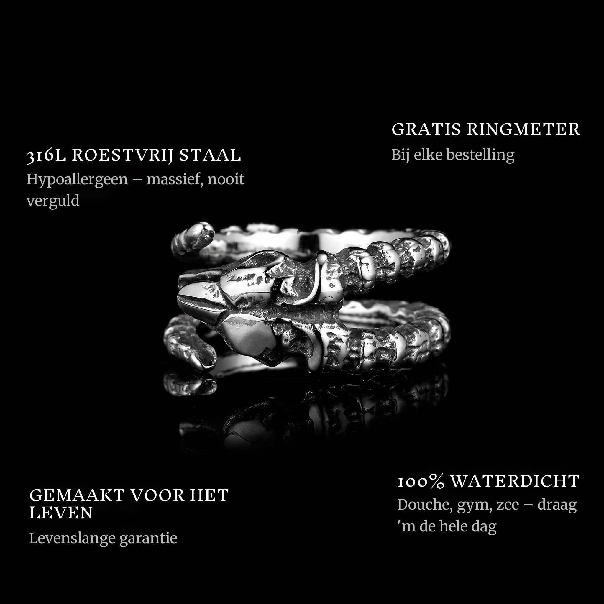Horned ring features: 316L stainless steel, free ring sizer in every order, 100% waterproof, lifetime guarantee