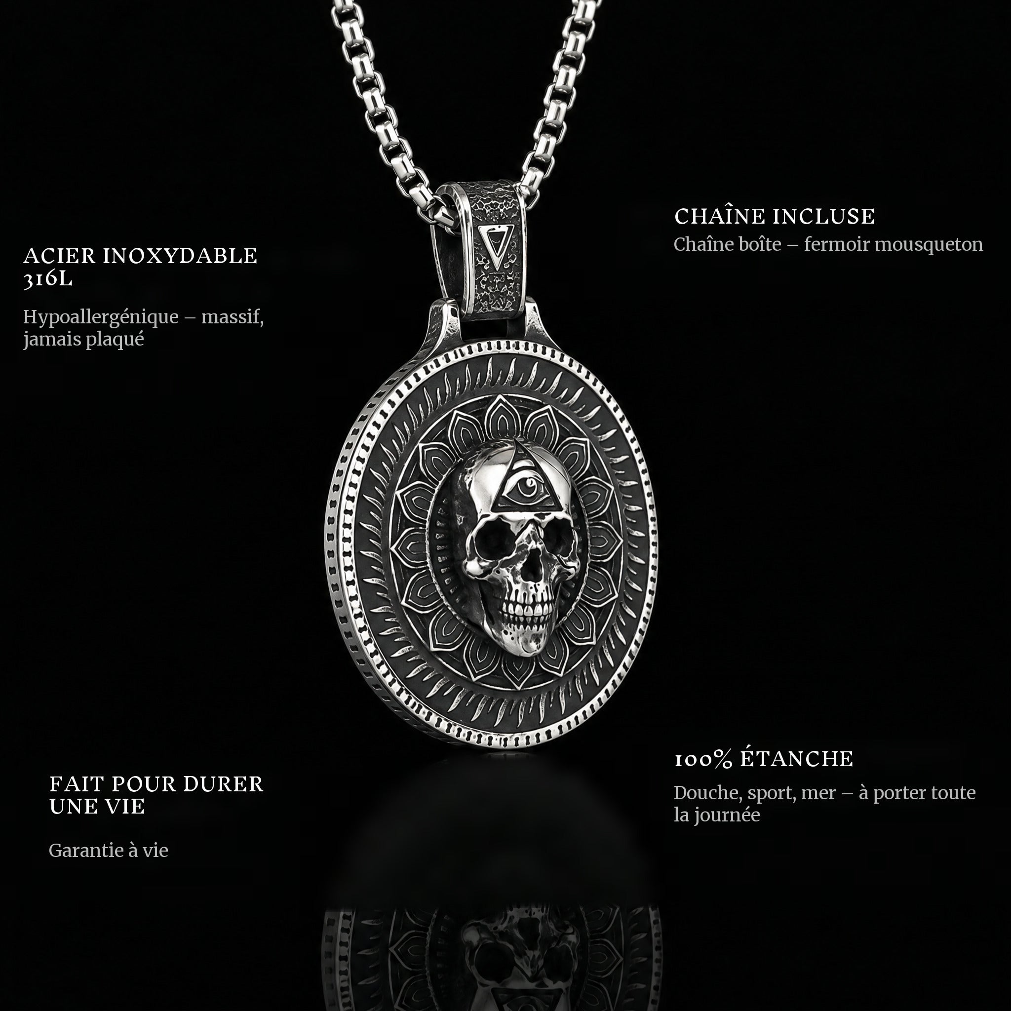 In The Eyes Of Death pendant features: 316L stainless steel, chain included, 100% waterproof, lifetime guarantee