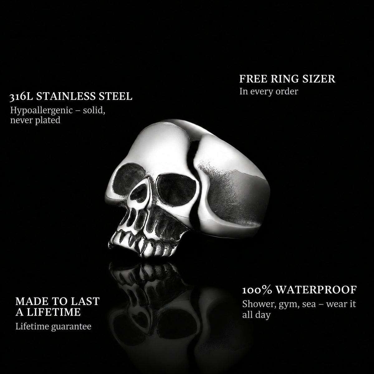 Jaw Breaker ring features: 316L stainless steel, free ring sizer in every order, 100% waterproof, lifetime guarantee