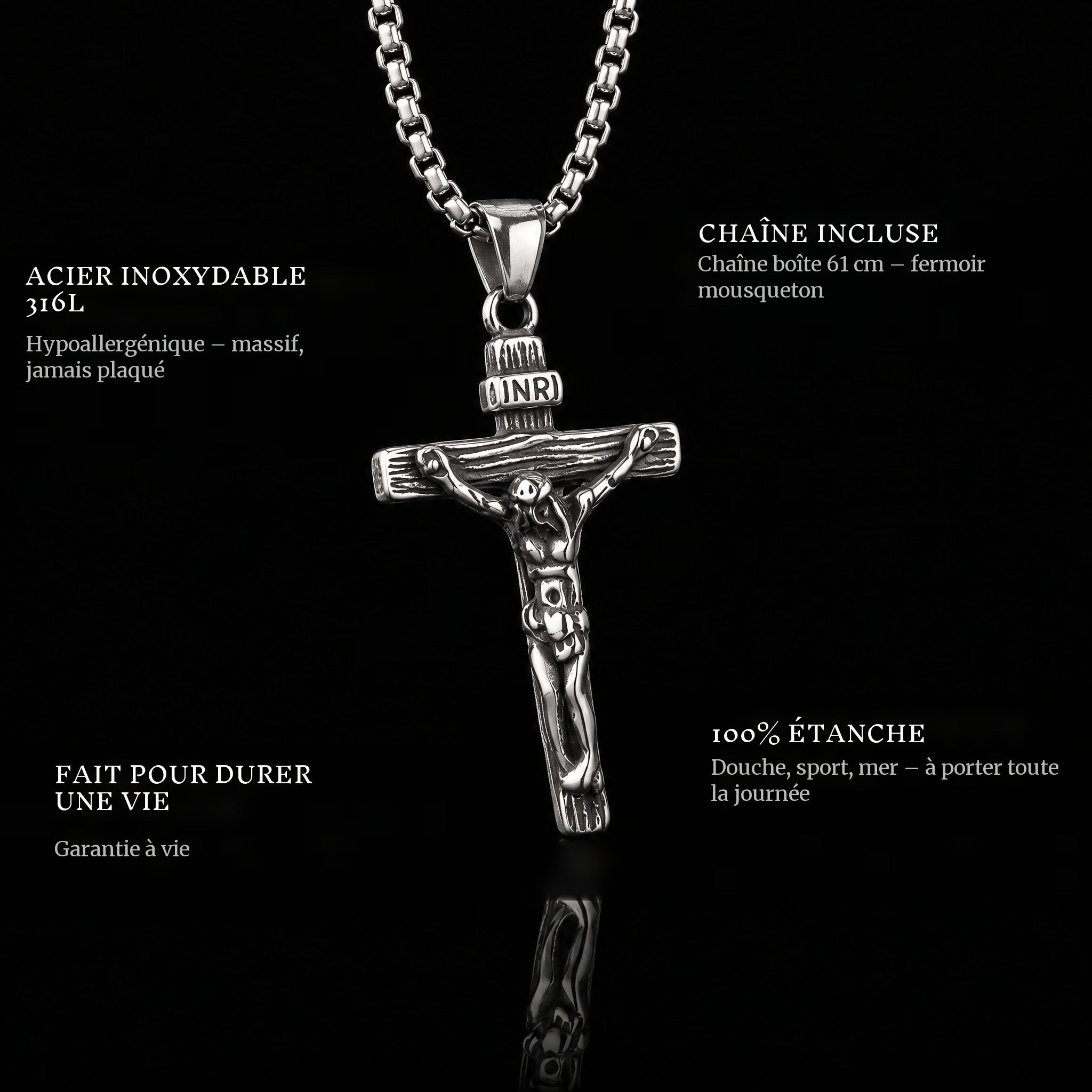 Jesus Piece pendant features: 316L stainless steel, chain included, 100% waterproof, lifetime guarantee