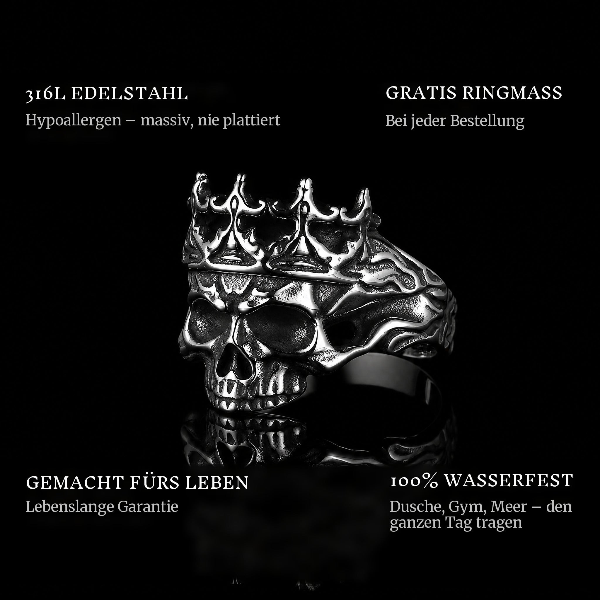 King Of Skulls ring features: 316L stainless steel, free ring sizer in every order, 100% waterproof, lifetime guarantee