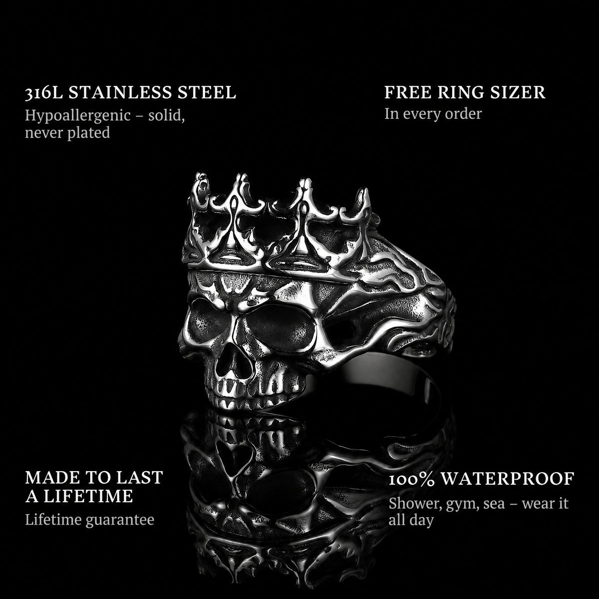 King Of Skulls ring features: 316L stainless steel, free ring sizer in every order, 100% waterproof, lifetime guarantee