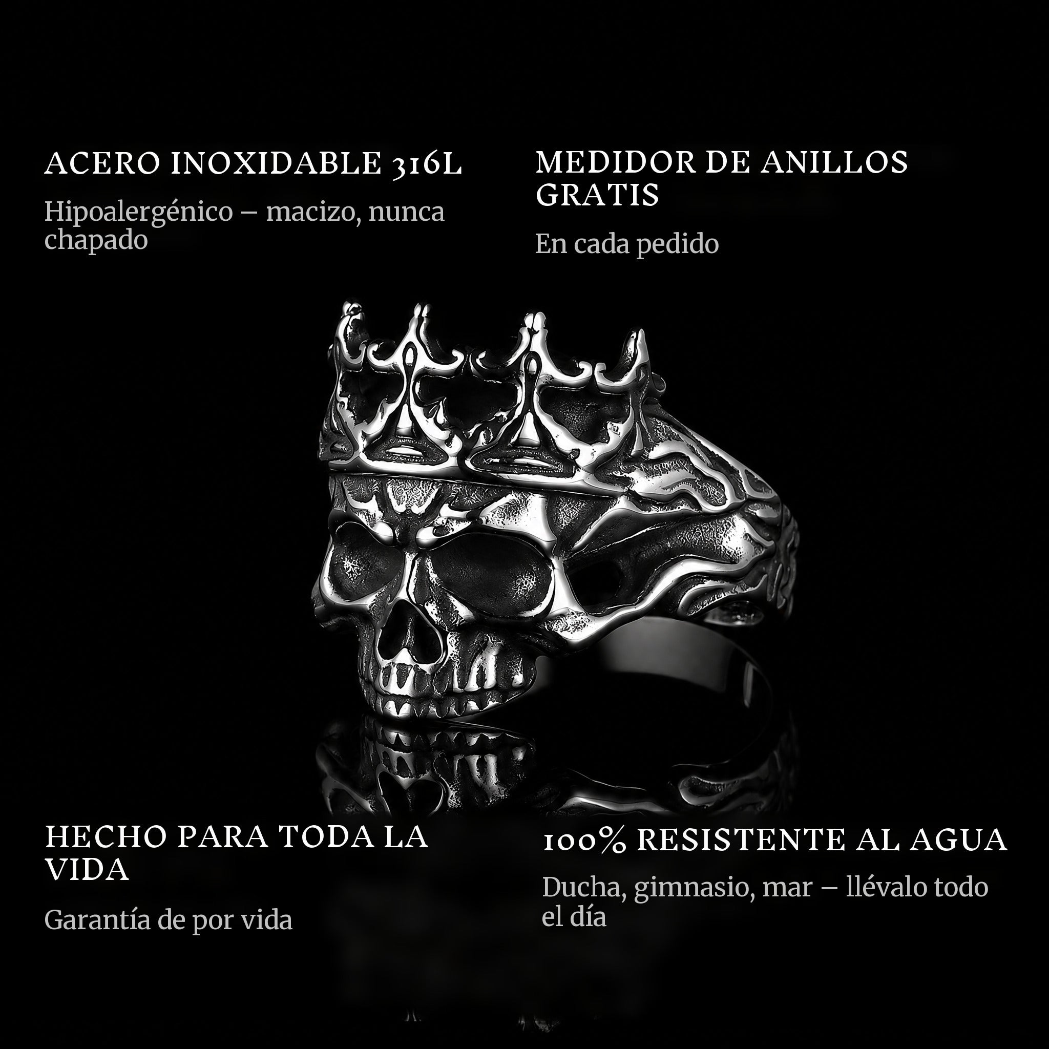 King Of Skulls ring features: 316L stainless steel, free ring sizer in every order, 100% waterproof, lifetime guarantee