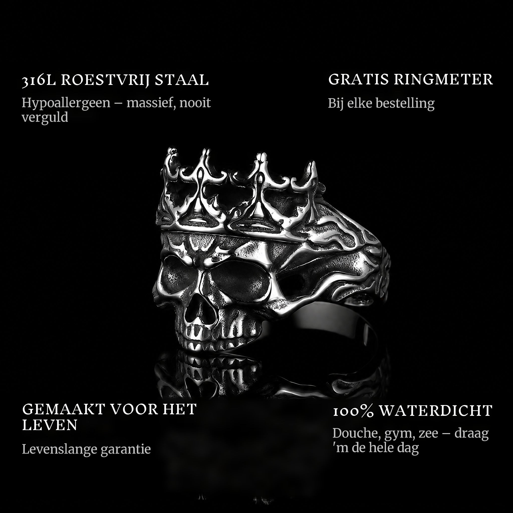 King Of Skulls ring features: 316L stainless steel, free ring sizer in every order, 100% waterproof, lifetime guarantee