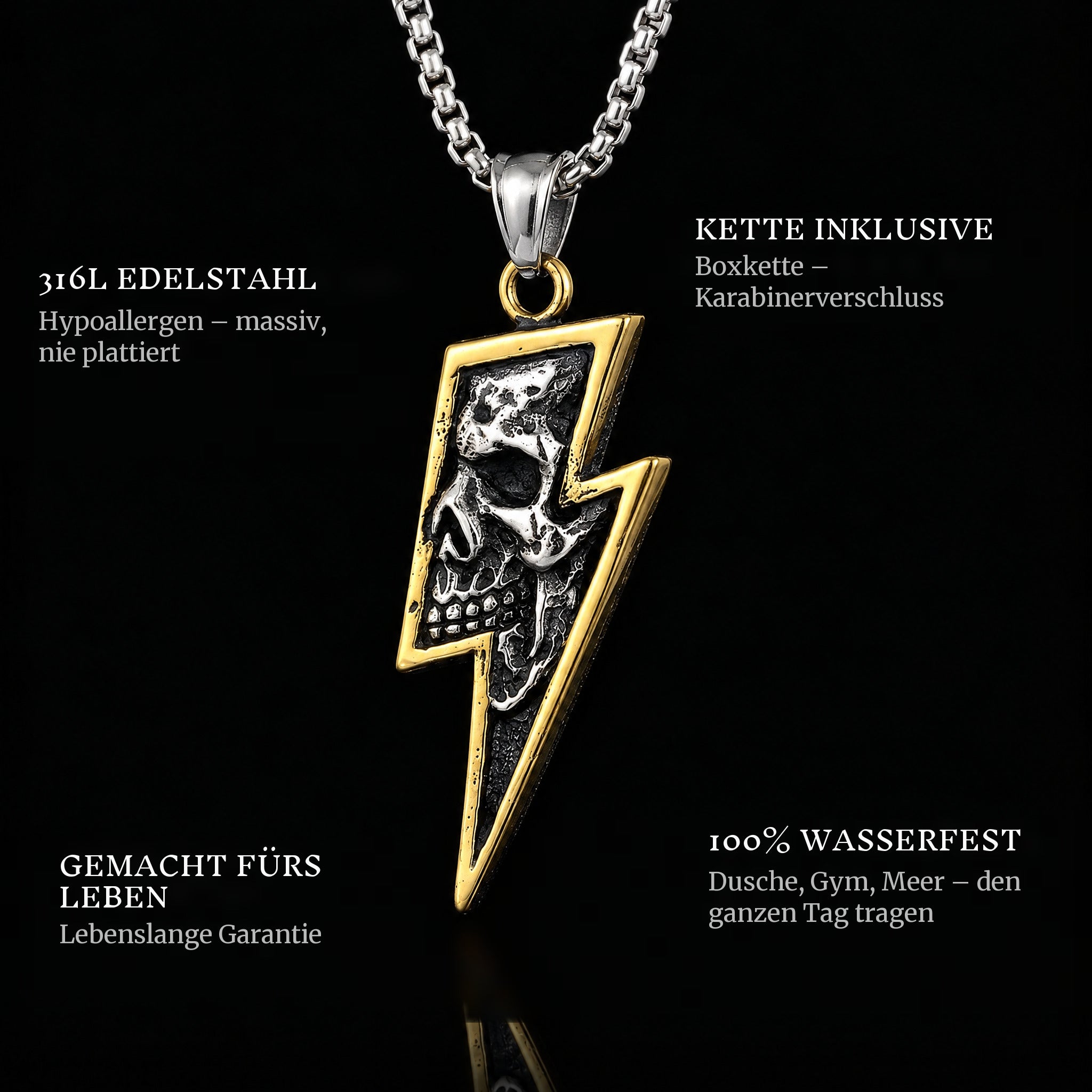 Lightning Gold pendant features: 316L stainless steel, chain included, 100% waterproof, lifetime guarantee