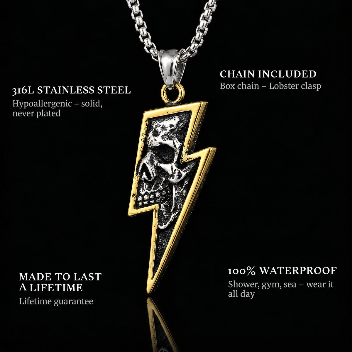 Lightning Gold pendant features: 316L stainless steel, chain included, 100% waterproof, lifetime guarantee