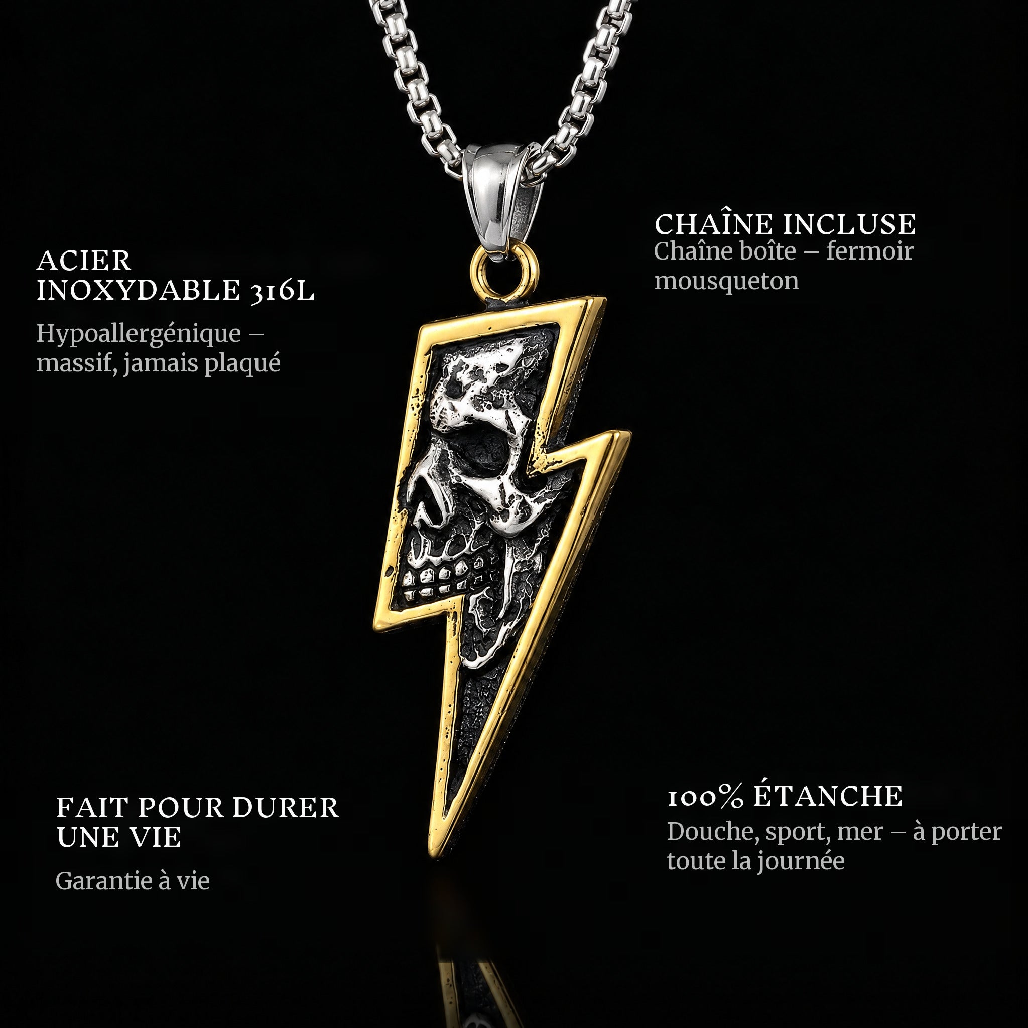 Lightning Gold pendant features: 316L stainless steel, chain included, 100% waterproof, lifetime guarantee