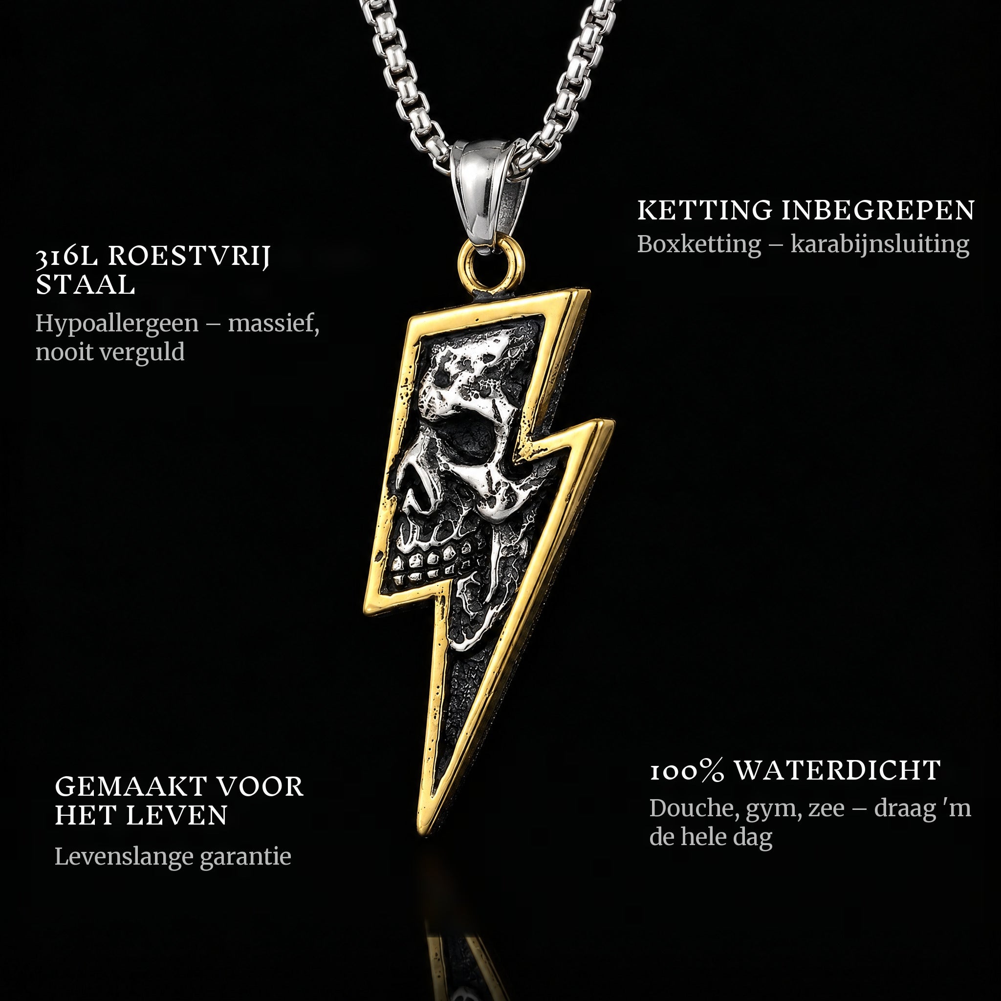 Lightning Gold pendant features: 316L stainless steel, chain included, 100% waterproof, lifetime guarantee