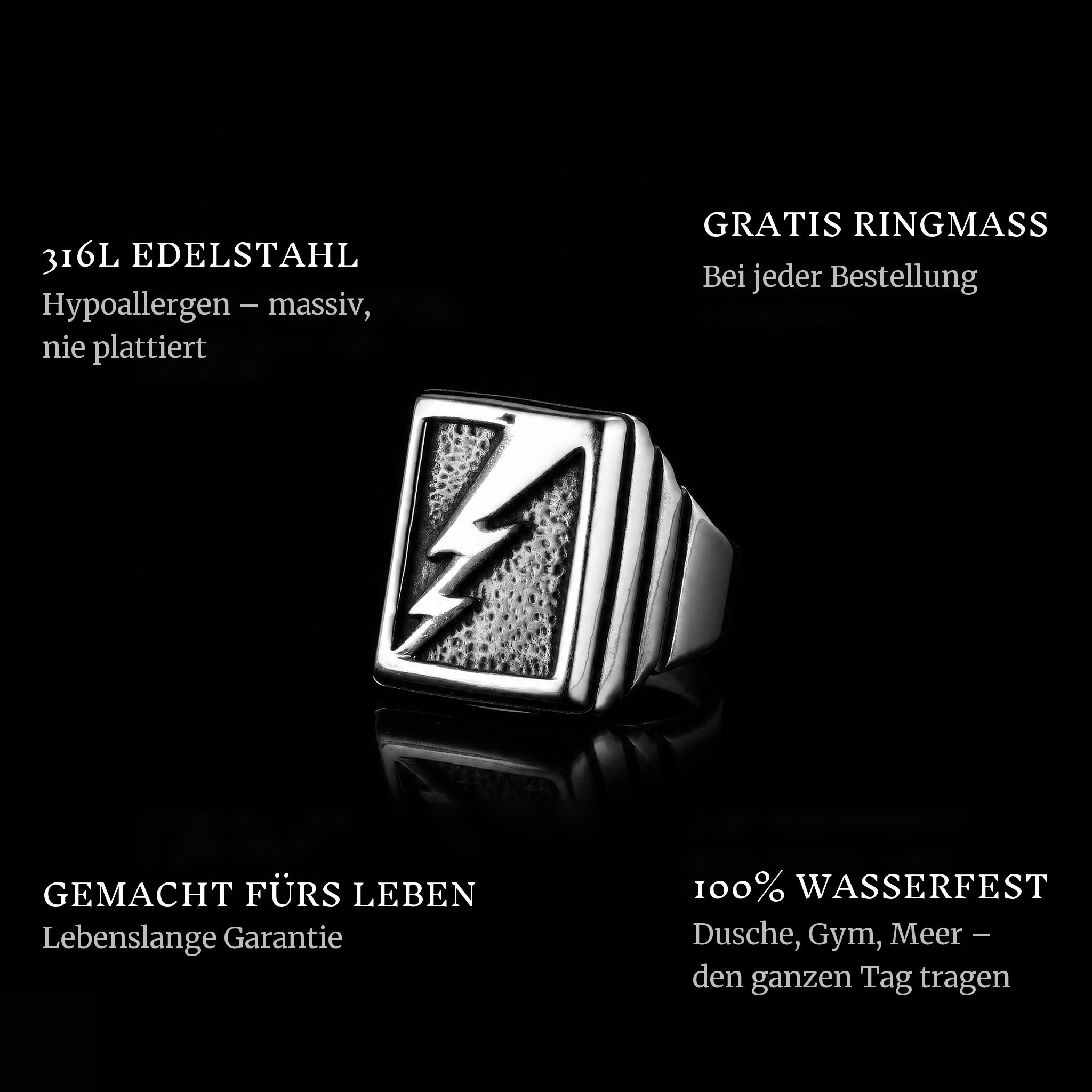 Lightning ring features: 316L stainless steel, free ring sizer in every order, 100% waterproof, lifetime guarantee