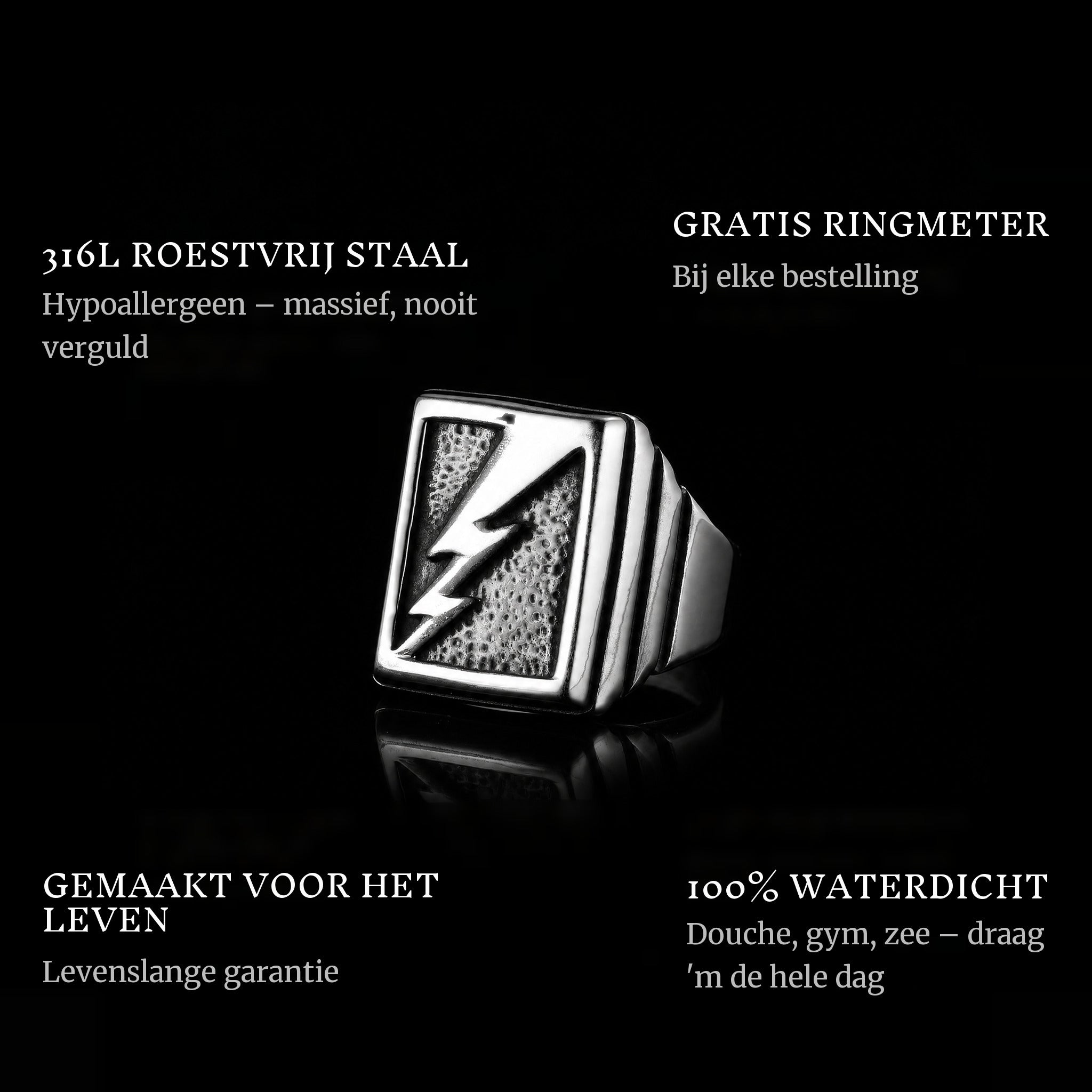 Lightning ring features: 316L stainless steel, free ring sizer in every order, 100% waterproof, lifetime guarantee