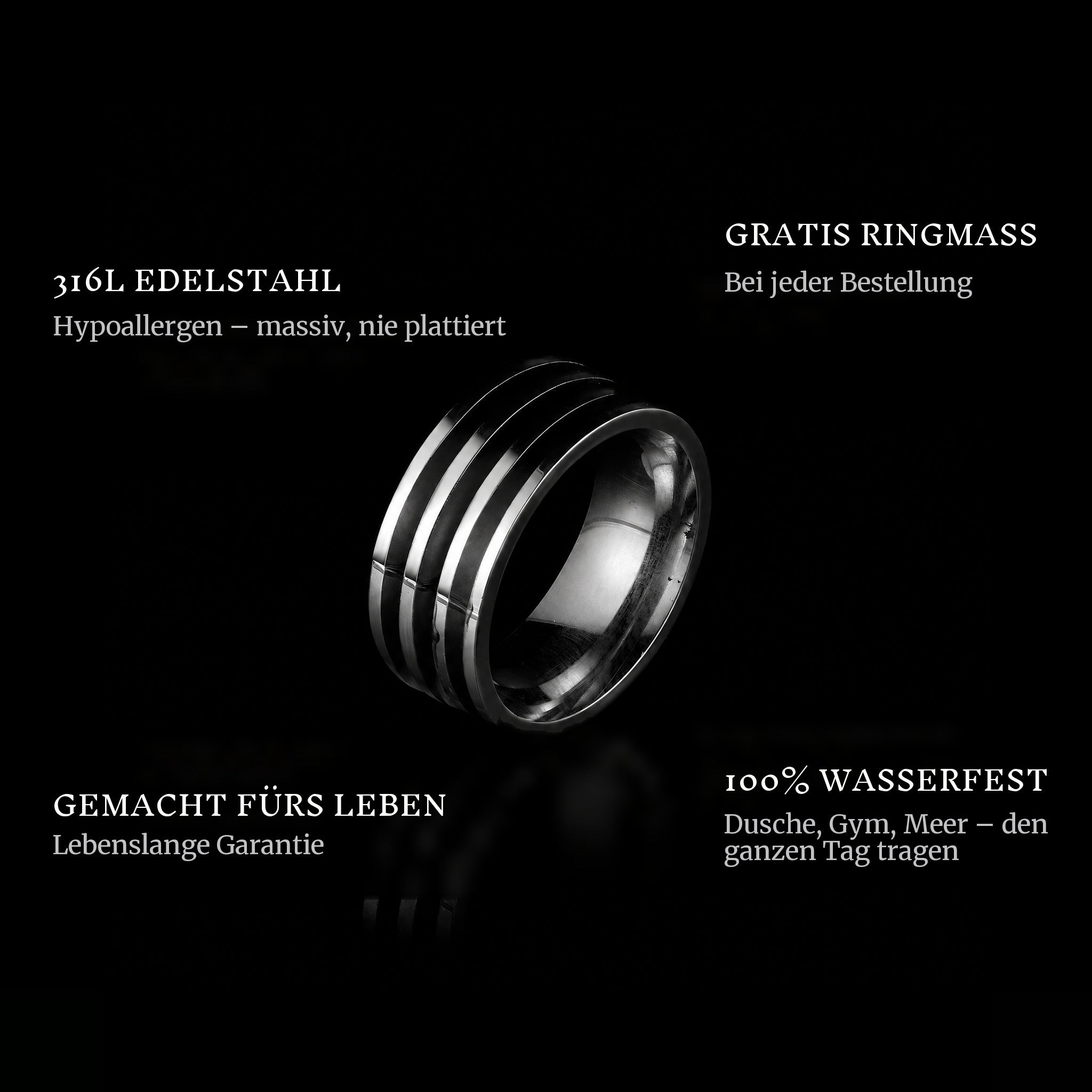 Lined ring features: 316L stainless steel, free ring sizer in every order, 100% waterproof, lifetime guarantee