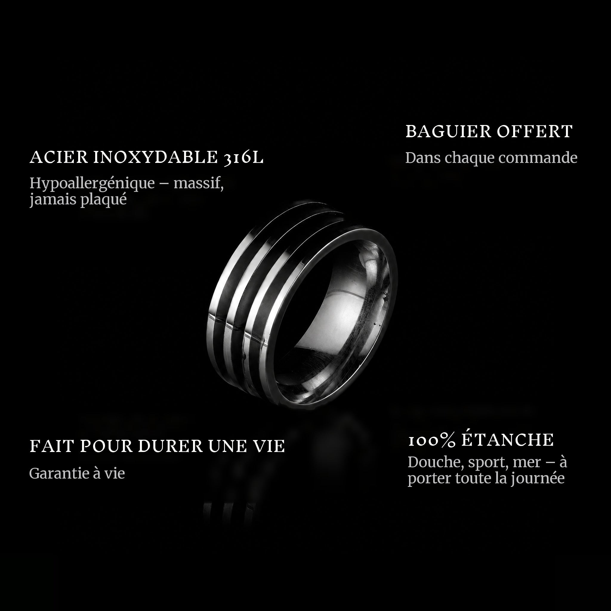 Lined ring features: 316L stainless steel, free ring sizer in every order, 100% waterproof, lifetime guarantee