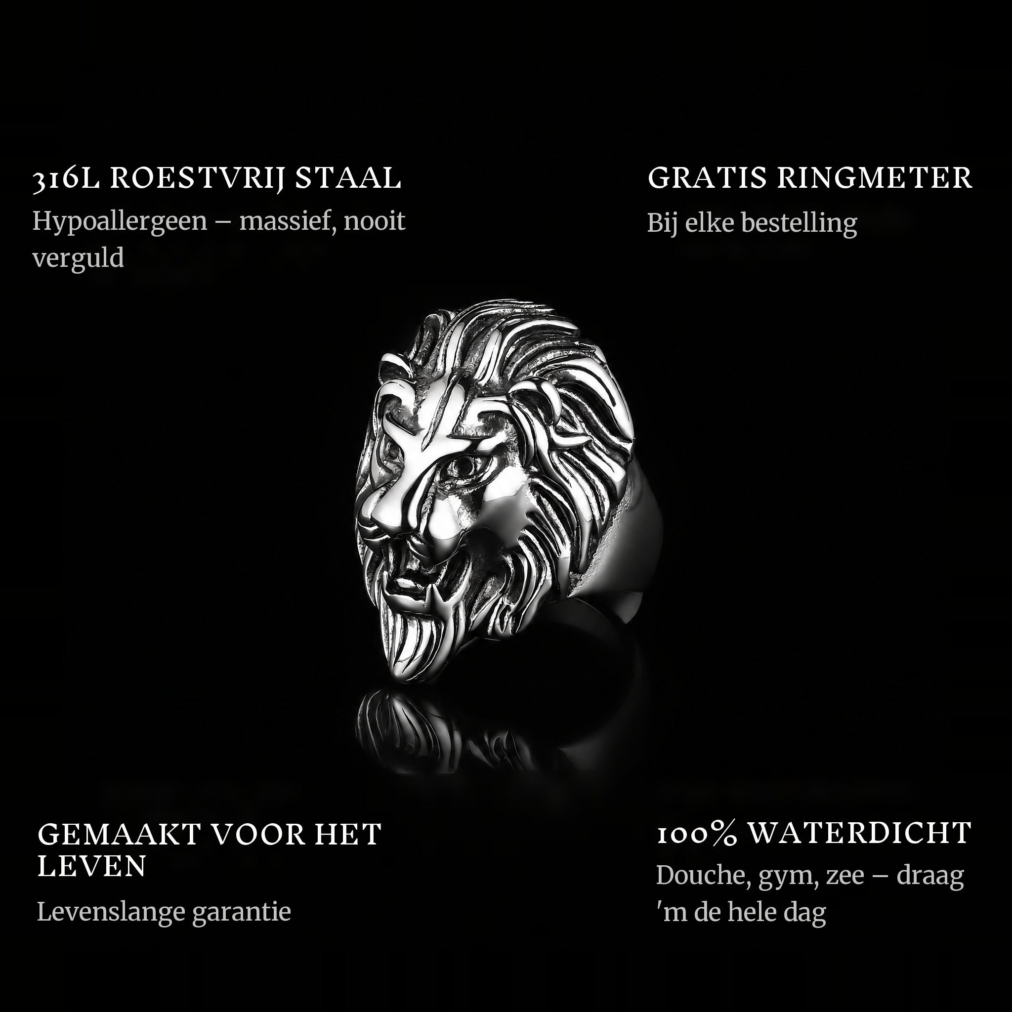 Lion King ring features: 316L stainless steel, free ring sizer in every order, 100% waterproof, lifetime guarantee