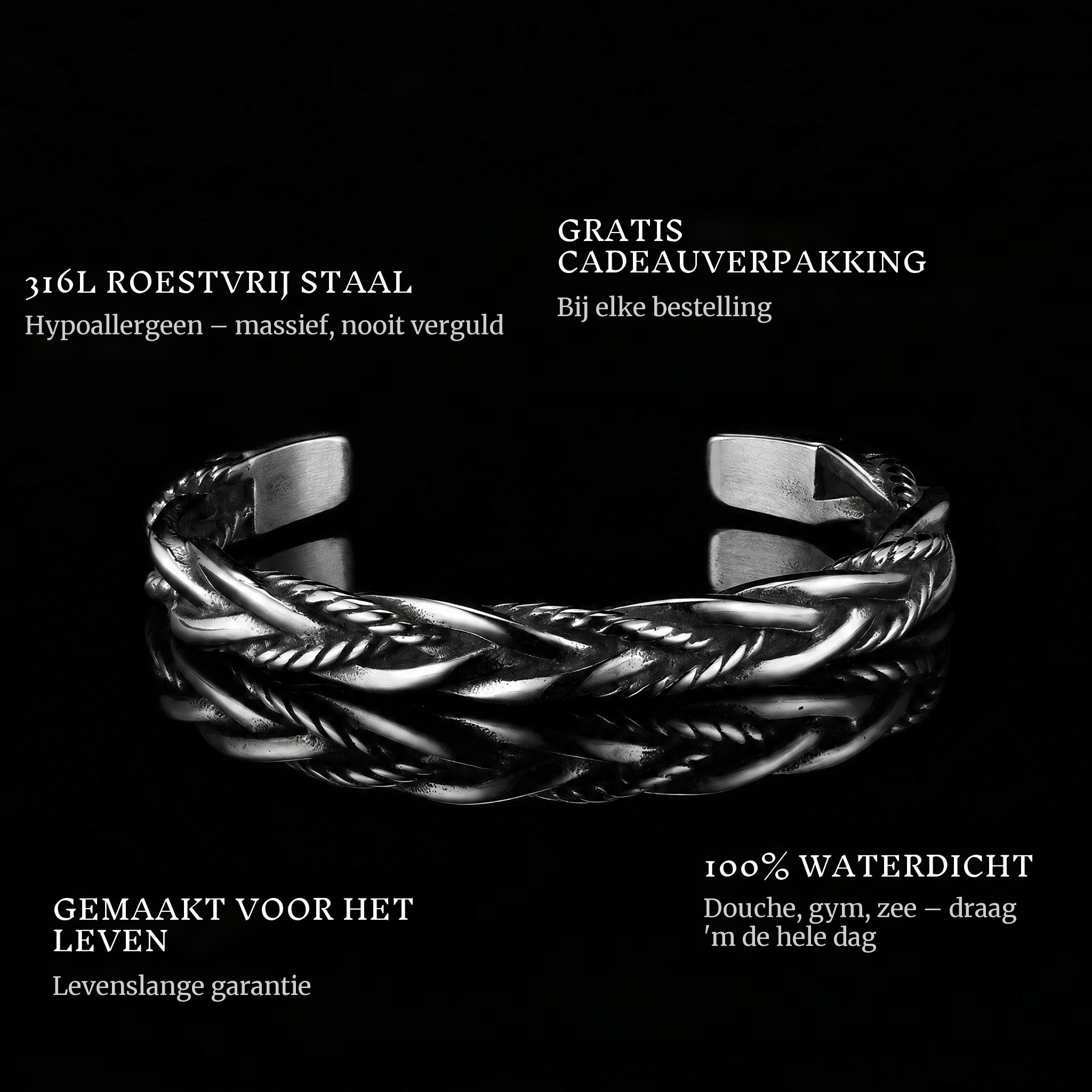 Loyalty features: 316L stainless steel, free gift packaging, 100% waterproof, lifetime guarantee
