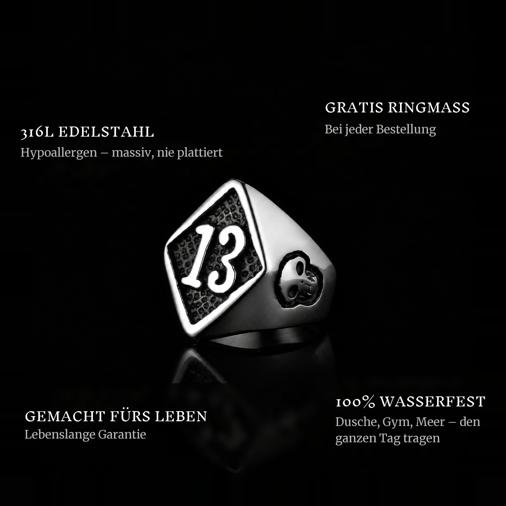 Lucky Luc ring features: 316L stainless steel, free ring sizer in every order, 100% waterproof, lifetime guarantee
