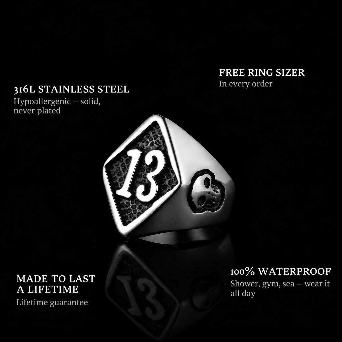 Lucky Luc ring features: 316L stainless steel, free ring sizer in every order, 100% waterproof, lifetime guarantee