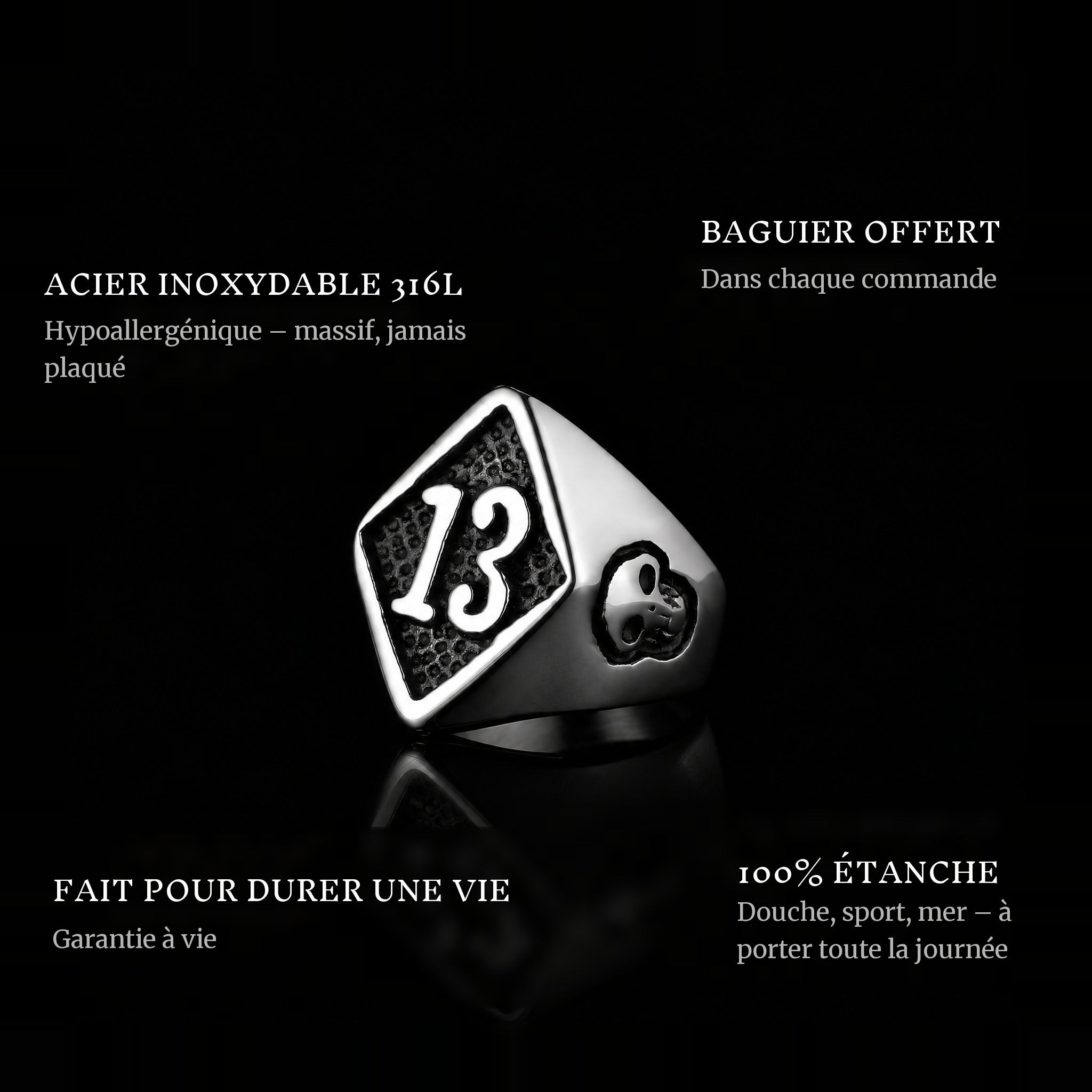 Lucky Luc ring features: 316L stainless steel, free ring sizer in every order, 100% waterproof, lifetime guarantee