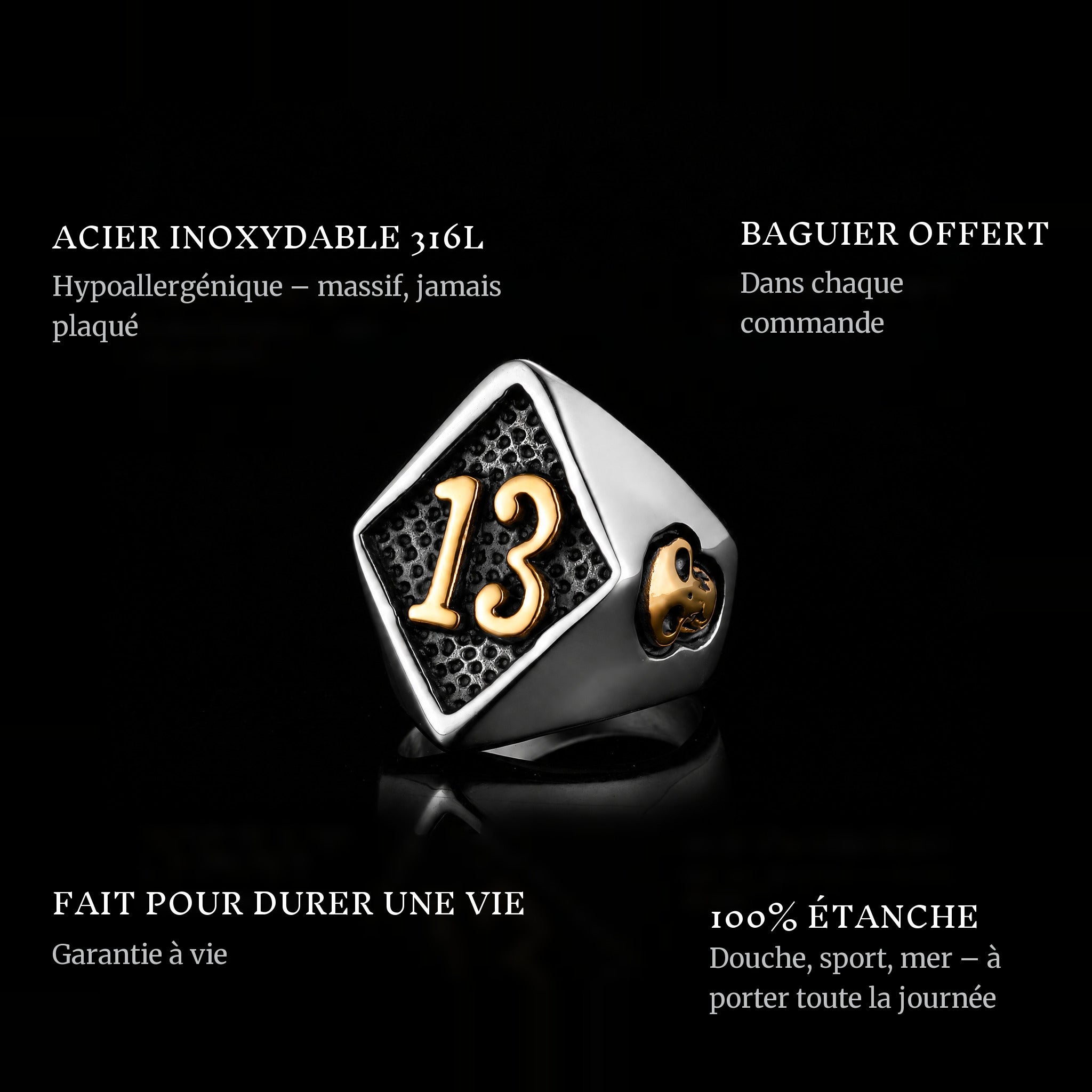 Lucky Luc Gold ring features: 316L stainless steel, free ring sizer in every order, 100% waterproof, lifetime guarantee