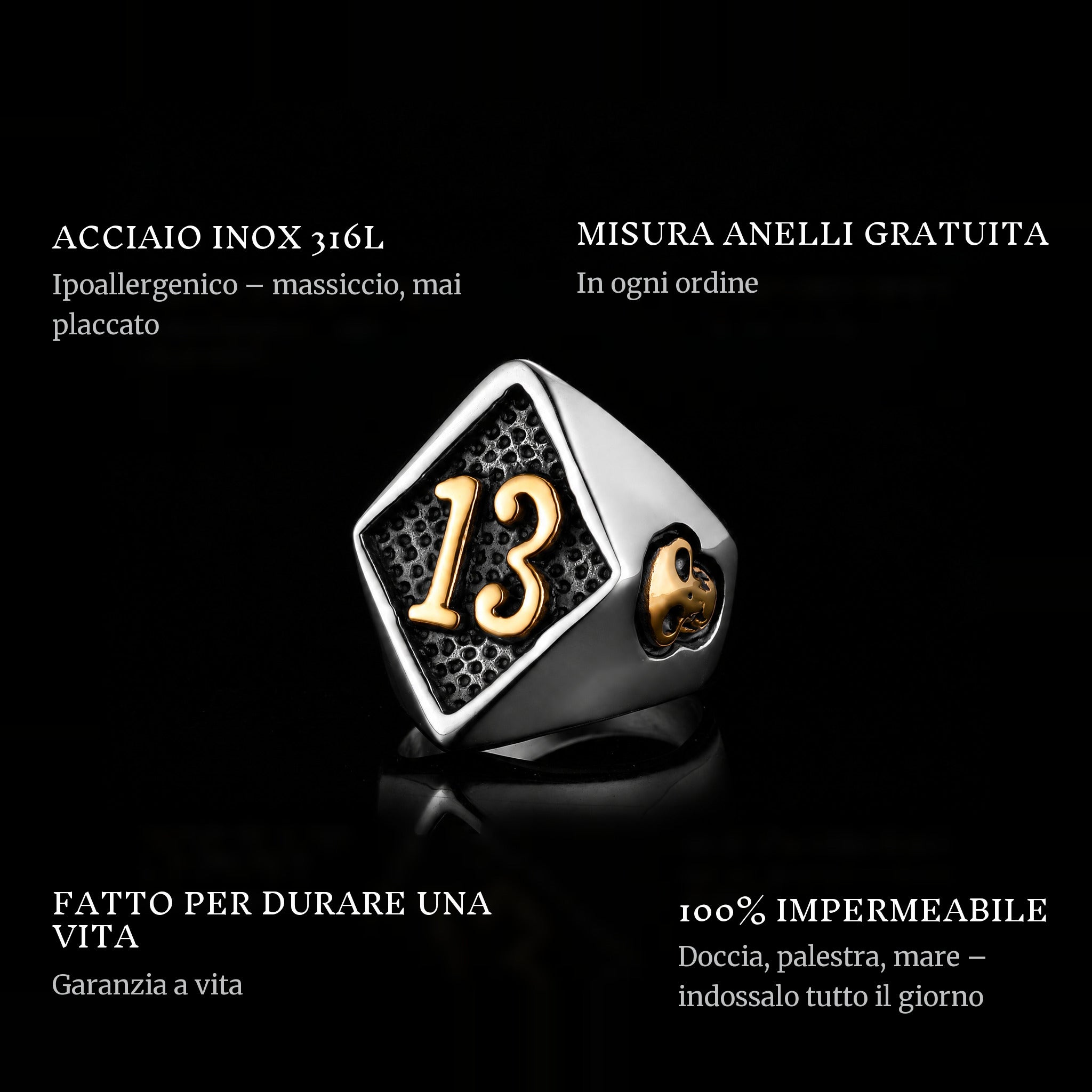 Lucky Luc Gold ring features: 316L stainless steel, free ring sizer in every order, 100% waterproof, lifetime guarantee