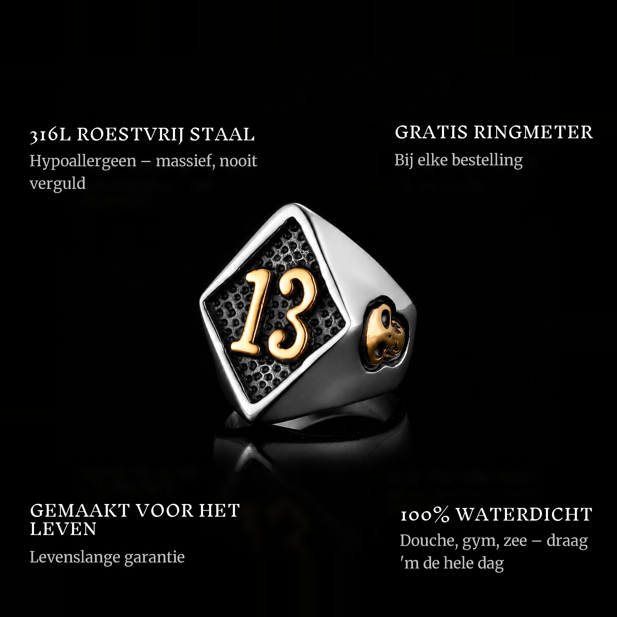Lucky Luc Gold ring features: 316L stainless steel, free ring sizer in every order, 100% waterproof, lifetime guarantee