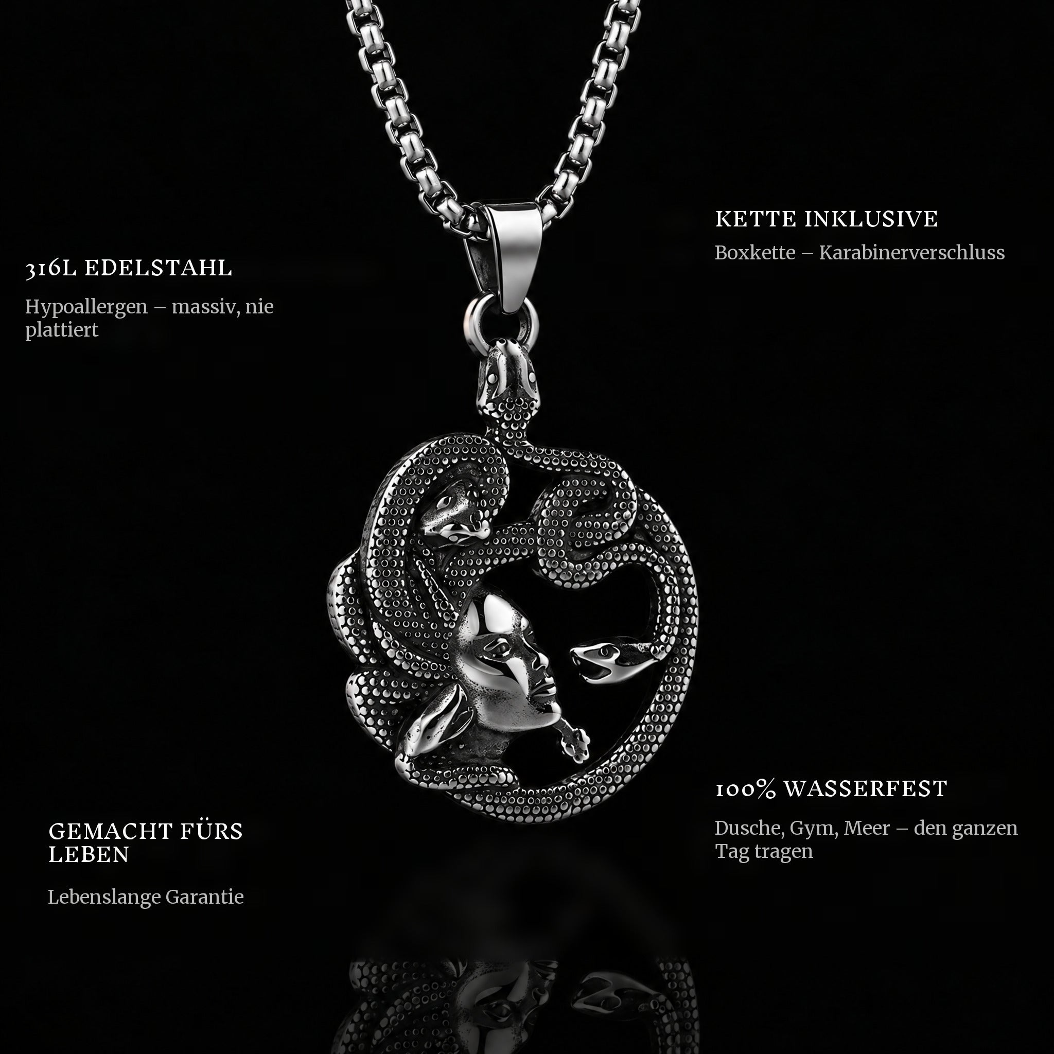 Medusa pendant features: 316L stainless steel, chain included, 100% waterproof, lifetime guarantee